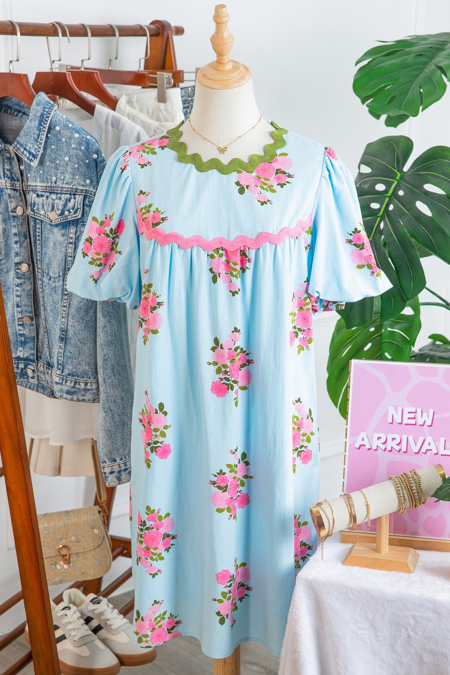 Sky Blue Floral Printed Contrast Ricrac Detail Bubble Sleeve Dress-TOPS / DRESSES-[Adult]-[Female]-2022 Online Blue Zone Planet