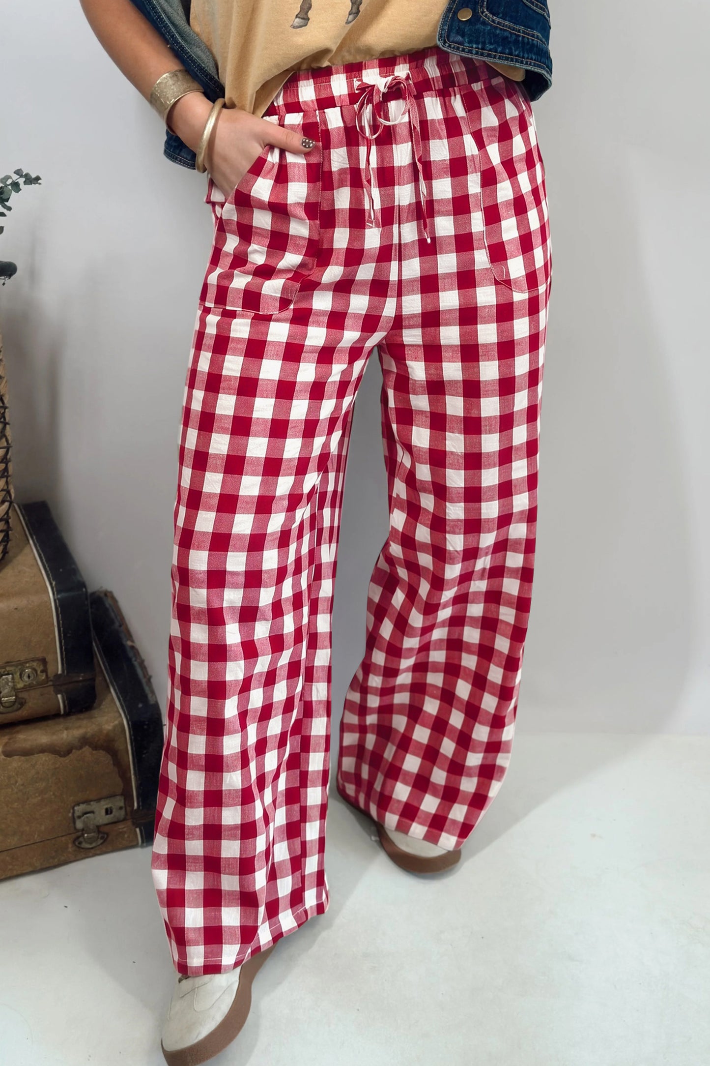 Red Gingham Plaid Tie Elastic Waist Shift Pants-Bottoms/Pants & Culotte-[Adult]-[Female]-Red-S-2022 Online Blue Zone Planet