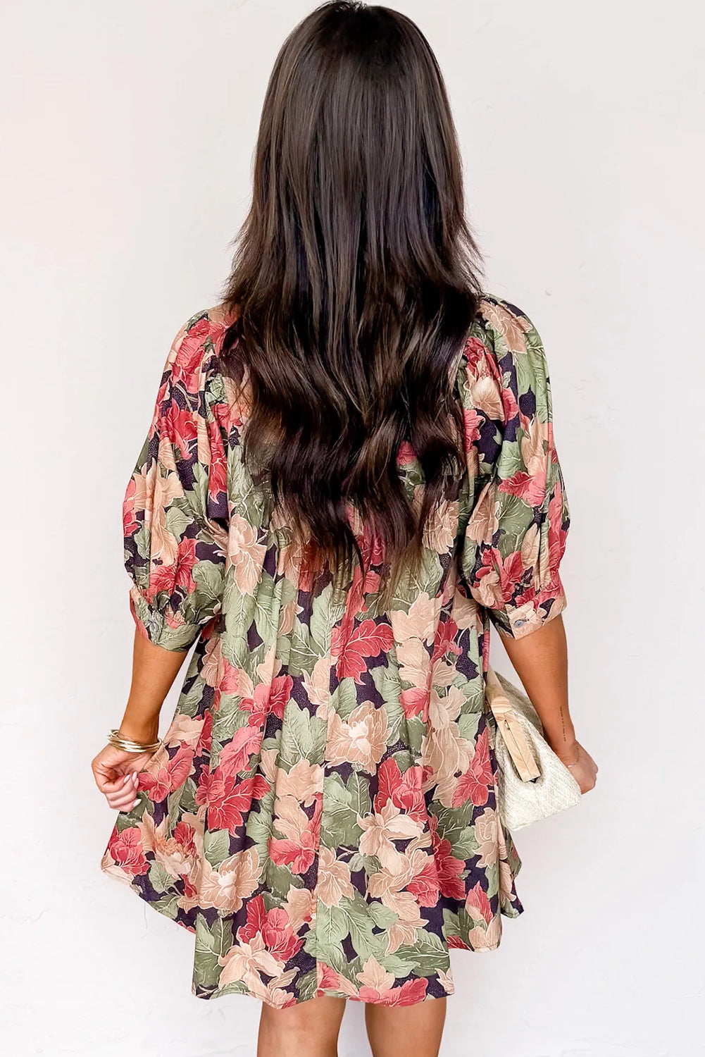Green Floral Print Frilled Collar V Neck Half Sleeve Mini Dress-TOPS / DRESSES-[Adult]-[Female]-2022 Online Blue Zone Planet
