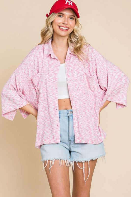Blue Zone Planet | Culture Code Button Up Drop Shoulder Slit Shirt-TOPS / DRESSES-[Adult]-[Female]-FLAMINGO PINK-S-2022 Online Blue Zone Planet