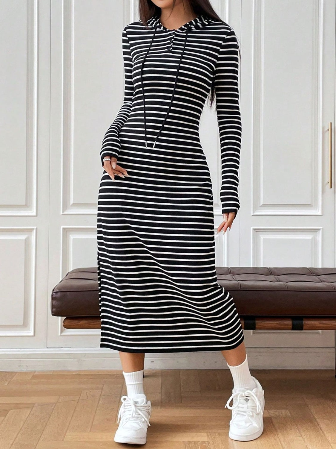 Blue Zone Planet | Drawstring Striped Long Sleeve Hooded Dress-TOPS / DRESSES-[Adult]-[Female]-2022 Online Blue Zone Planet