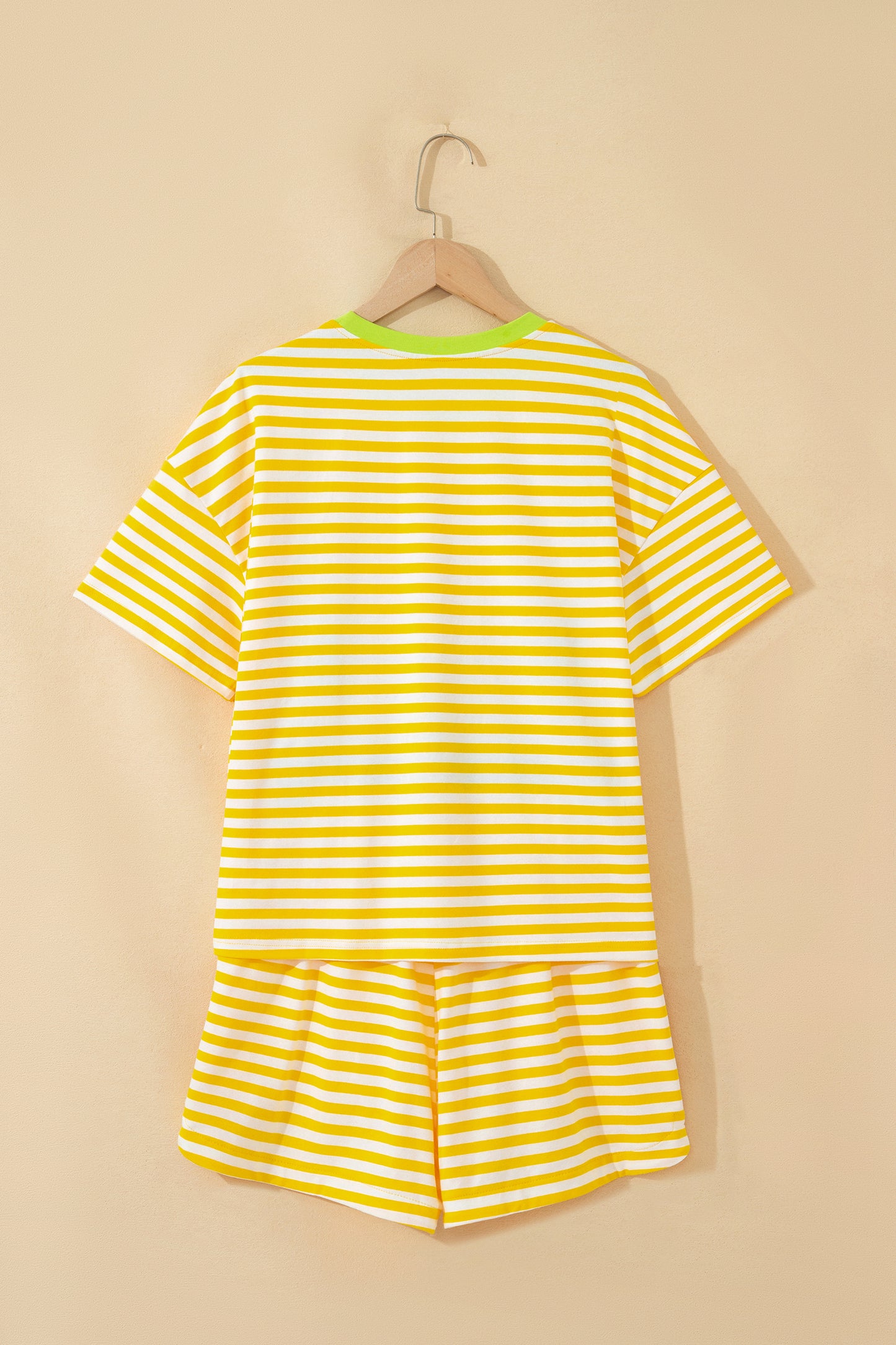 Yellow Stripe Contrast Neck Loose Tee and Drawstring Shorts Set-Two Piece Sets/Short Sets-[Adult]-[Female]-2022 Online Blue Zone Planet
