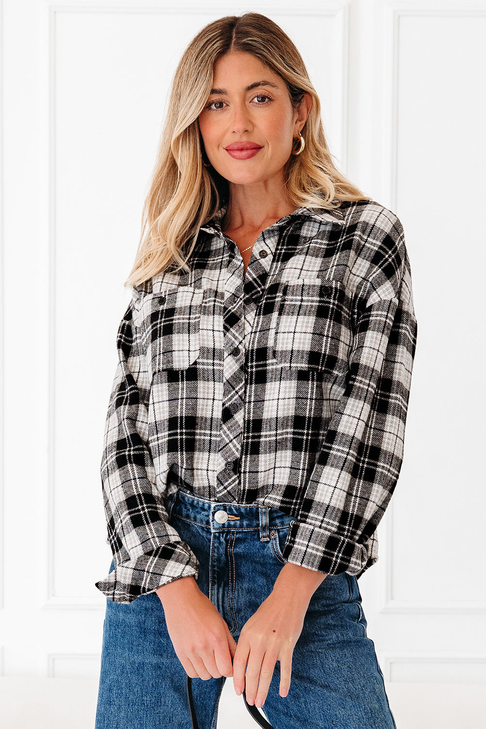 Black Plaid Print Chest Pockets Buttoned Shirt-Tops/Blouses & Shirts-[Adult]-[Female]-2022 Online Blue Zone Planet