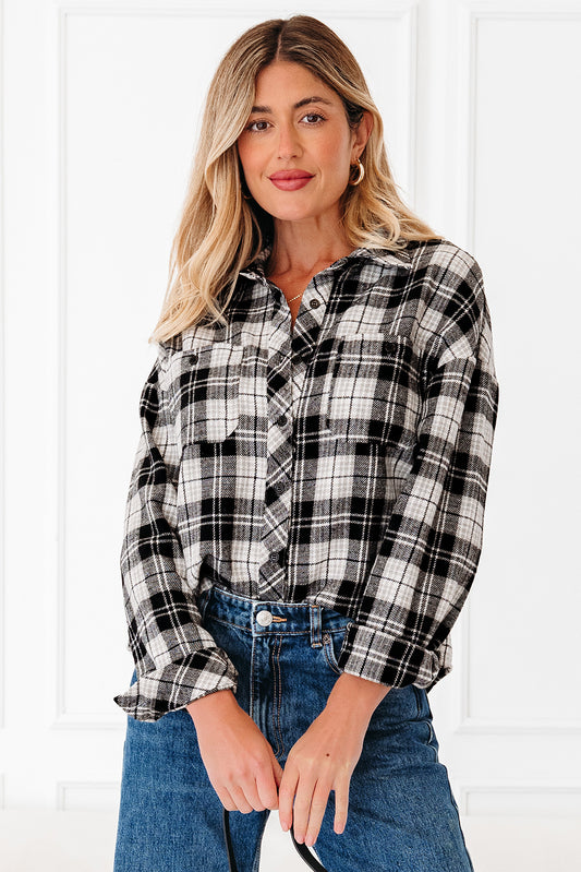 Black Plaid Print Chest Pockets Buttoned Shirt-Tops/Blouses & Shirts-[Adult]-[Female]-2022 Online Blue Zone Planet