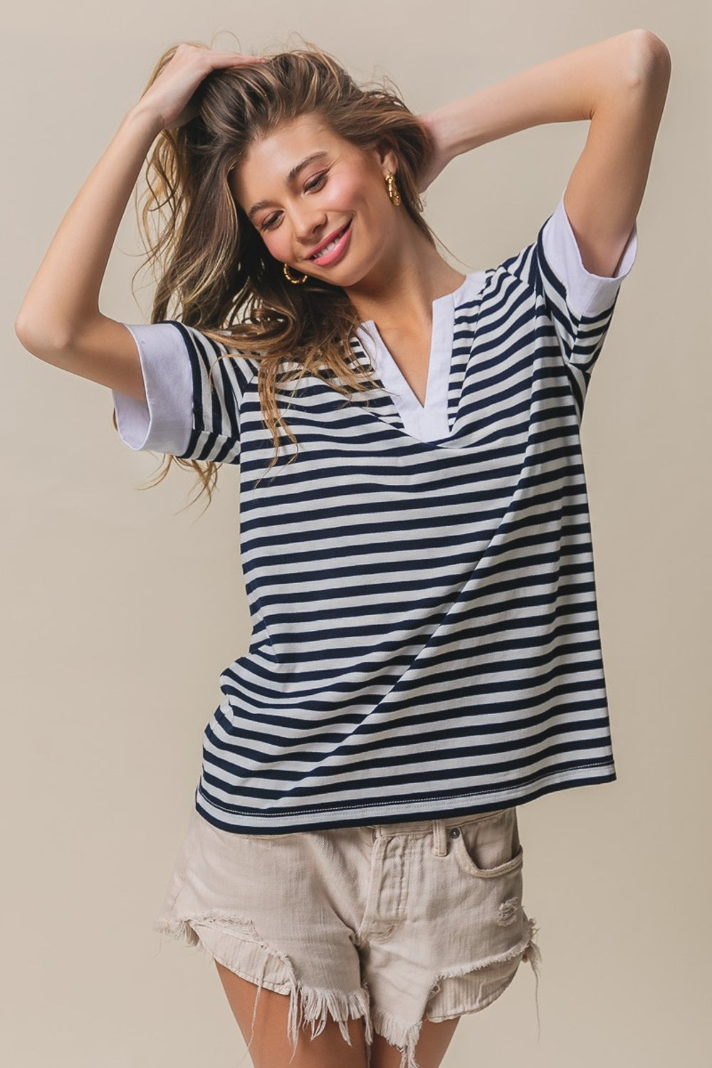 BiBi Contrast Striped Notched Knit Top-TOPS / DRESSES-[Adult]-[Female]-Black/Ivory-S-2022 Online Blue Zone Planet