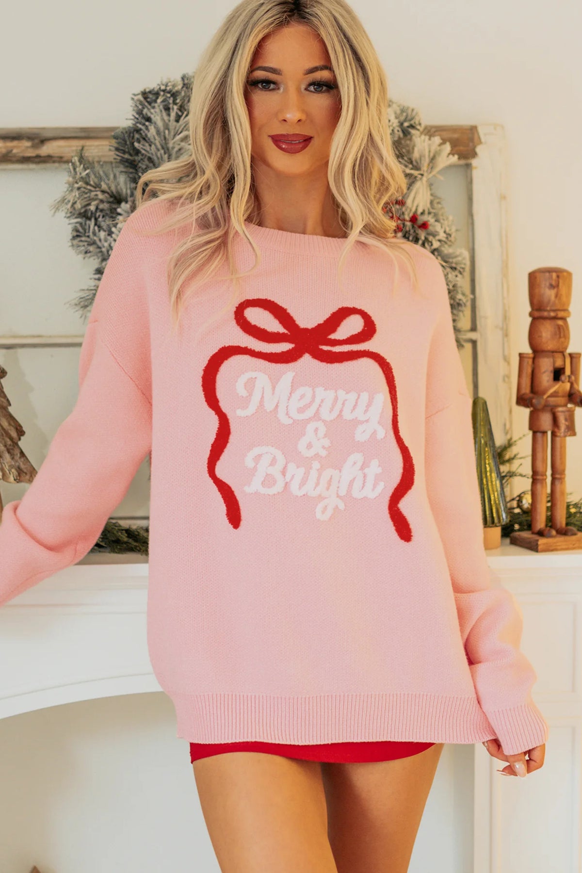 Gossamer Pink Drop Shoulder Round Neck Towel Embroidery Slogan Pullover Sweater-TOPS / DRESSES-[Adult]-[Female]-2022 Online Blue Zone Planet