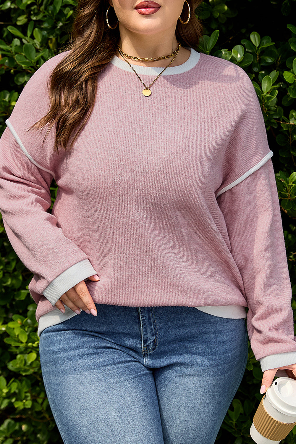 Light Pink Contrast Trim Knitted Drop Shoulder Plus Size Top-Plus Size/Plus Size Tops/Plus Size Long Sleeve Tops-[Adult]-[Female]-2022 Online Blue Zone Planet