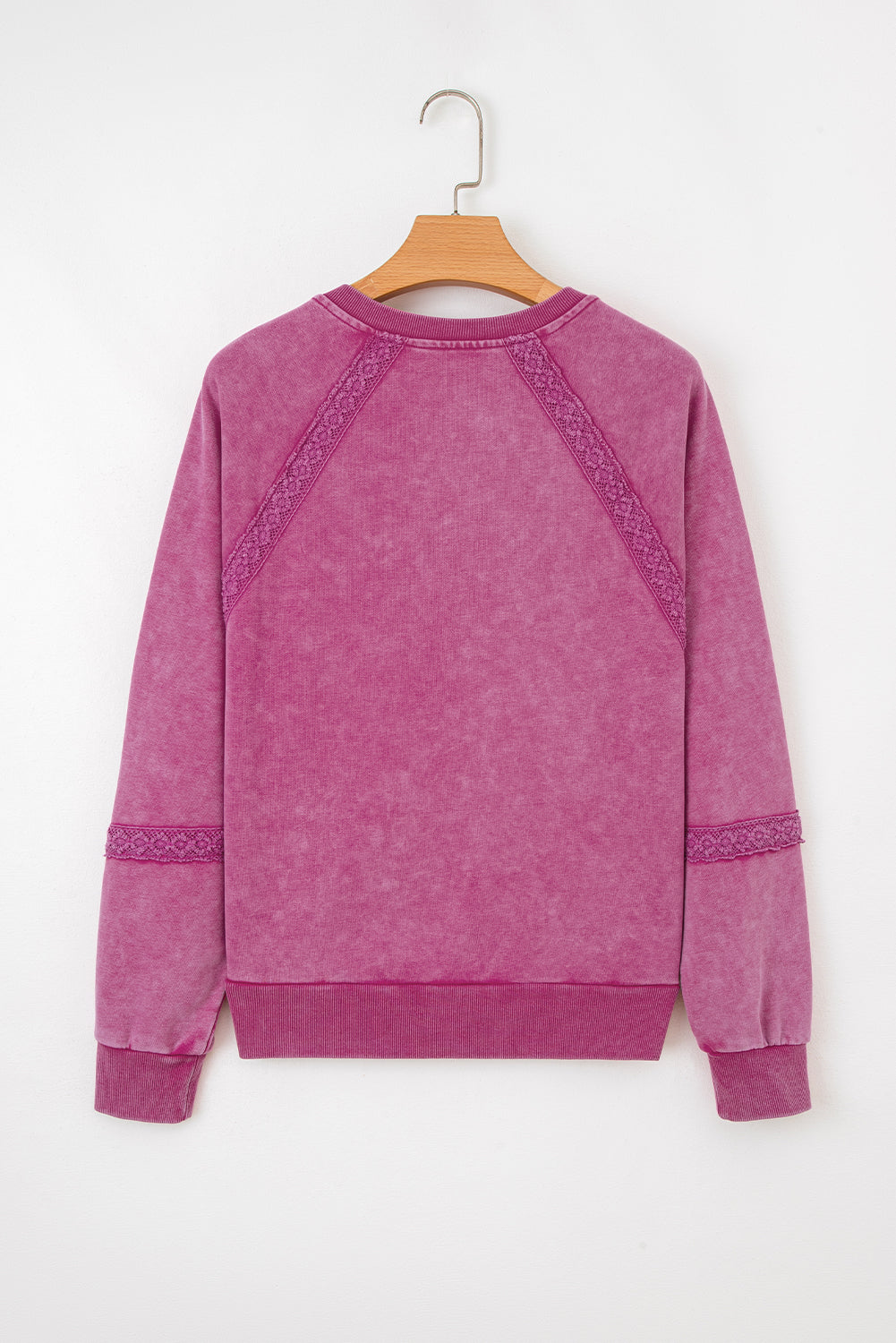 Rose Red Lace Patchwork Detail Notched Neck Mineral Wash Baggy Sweatshirt-Tops/Sweatshirts & Hoodies-[Adult]-[Female]-2022 Online Blue Zone Planet