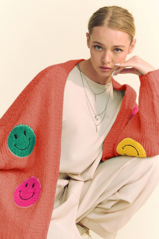 Davi & Dani Fuzzy Smile Open Front Long Sleeve Cardigan-TOPS / DRESSES-[Adult]-[Female]-2022 Online Blue Zone Planet