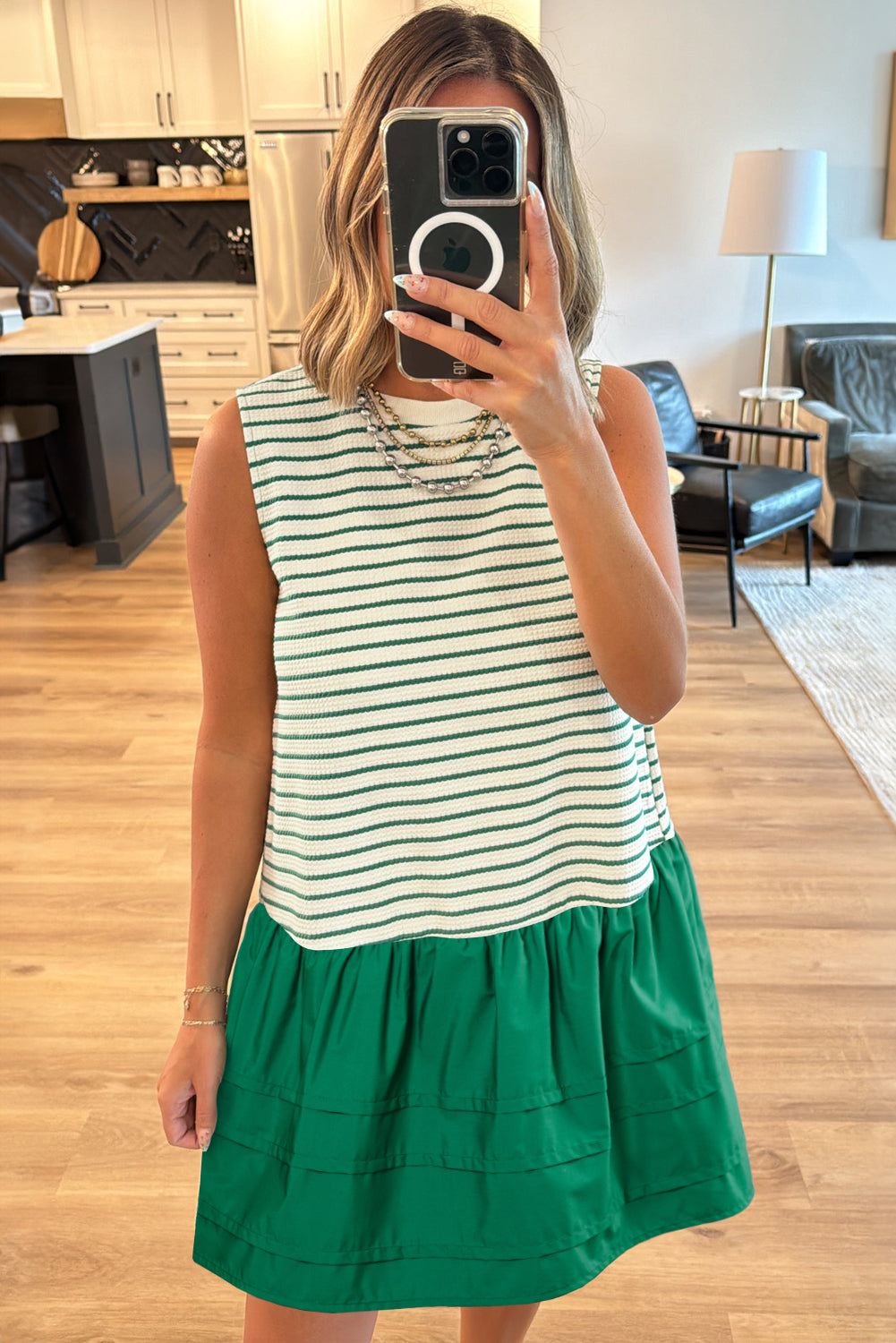 Green Stripe Woven Ruffled Sleeveless Mini Dress-Short Dresses-[Adult]-[Female]-2022 Online Blue Zone Planet