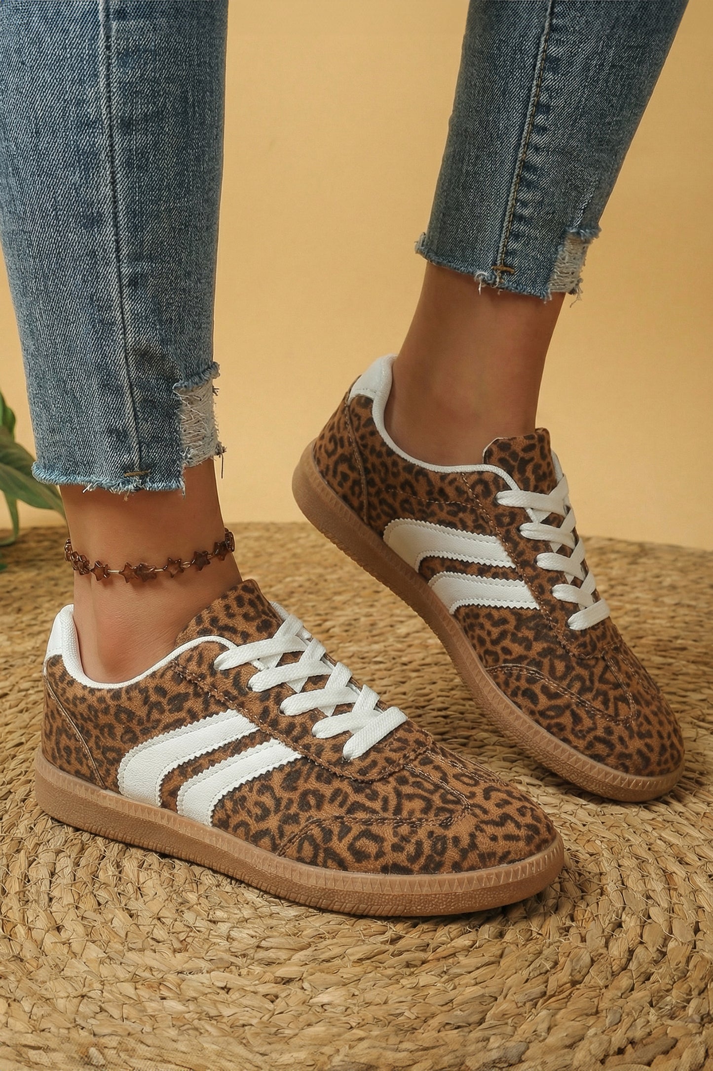 Coffee PU Leather Detail Shimmer Leopard Printed Lace-up Sneakers