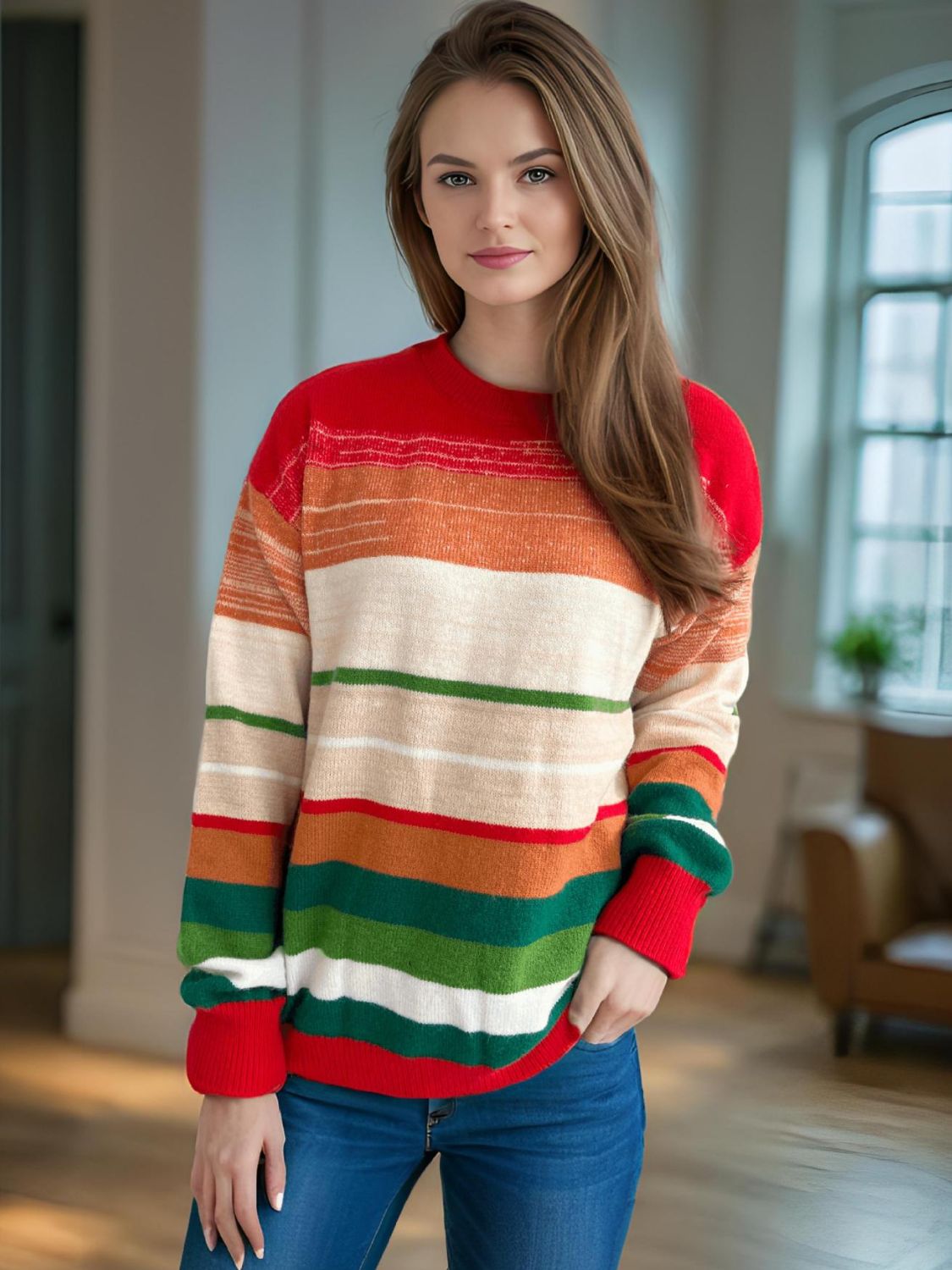 Contrast Striped Round Neck Long Sleeve Sweater-TOPS / DRESSES-[Adult]-[Female]-Multicolor-One Size-2022 Online Blue Zone Planet