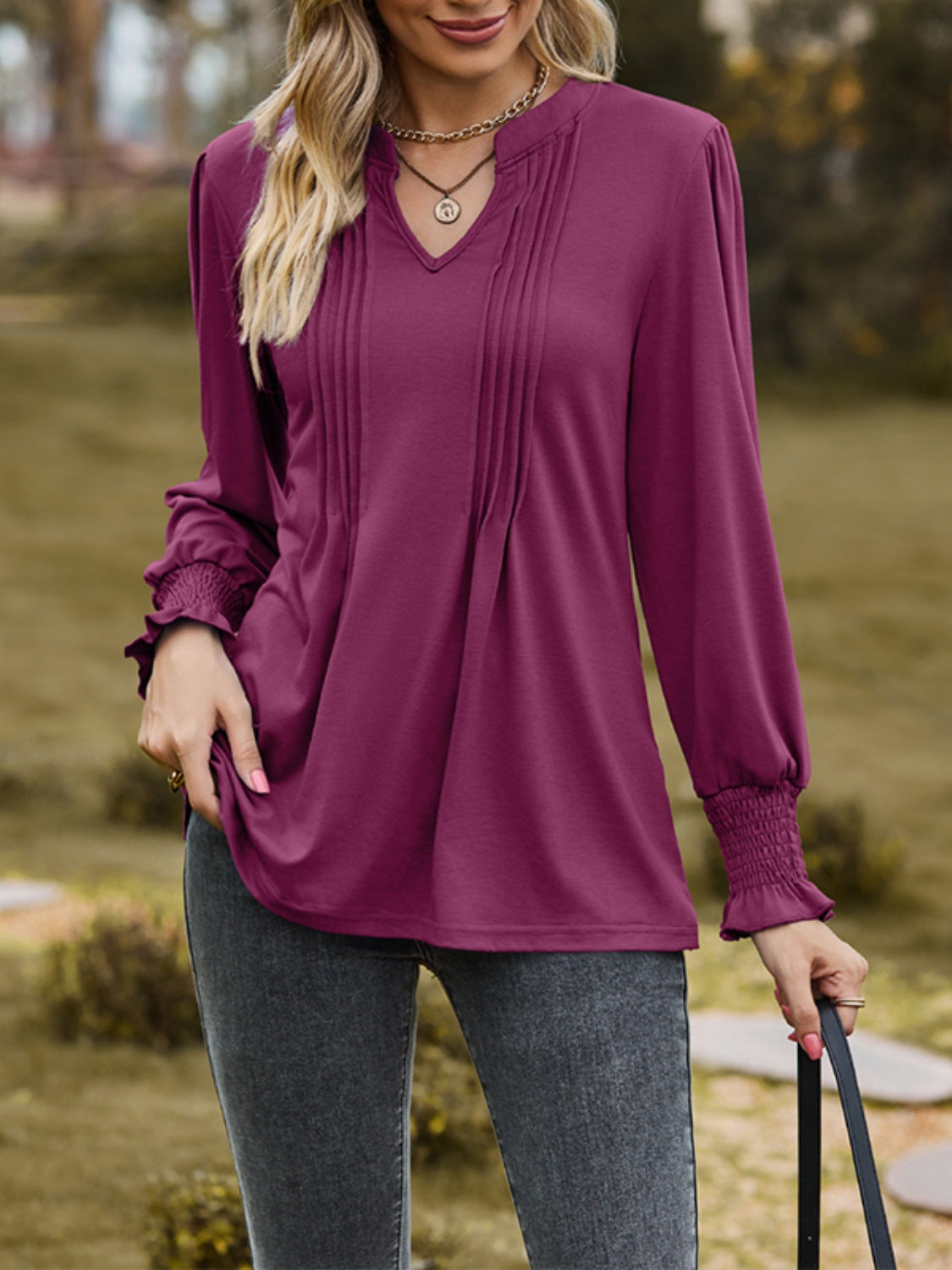 Ruched Notched Long Sleeve T-Shirt-TOPS / DRESSES-[Adult]-[Female]-2022 Online Blue Zone Planet