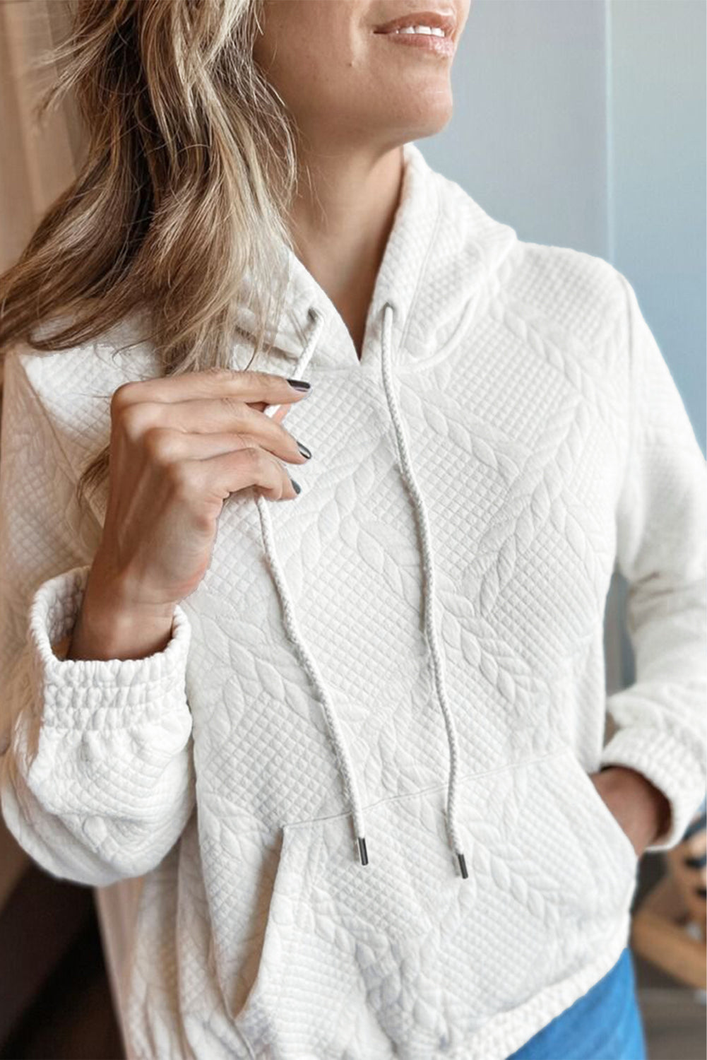 White Cable Lattice Texture Kangaroo Pocket Hoodie-Tops / Dresses-[Adult]-[Female]-White-S-2022 Online Blue Zone Planet