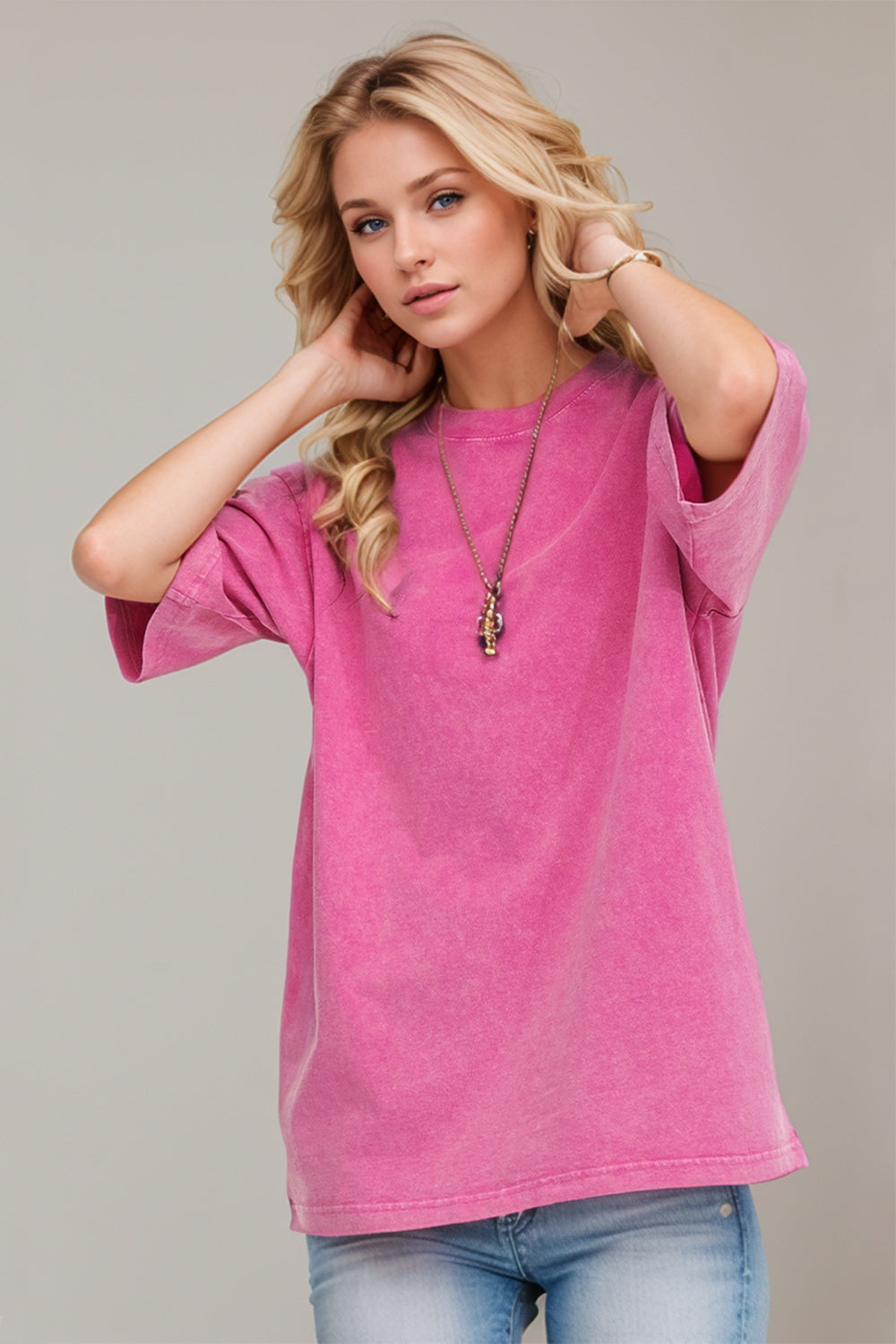 Basic Bae Round Neck Half Sleeve T-Shirt-TOPS / DRESSES-[Adult]-[Female]-Fuchsia Pink-S-2022 Online Blue Zone Planet