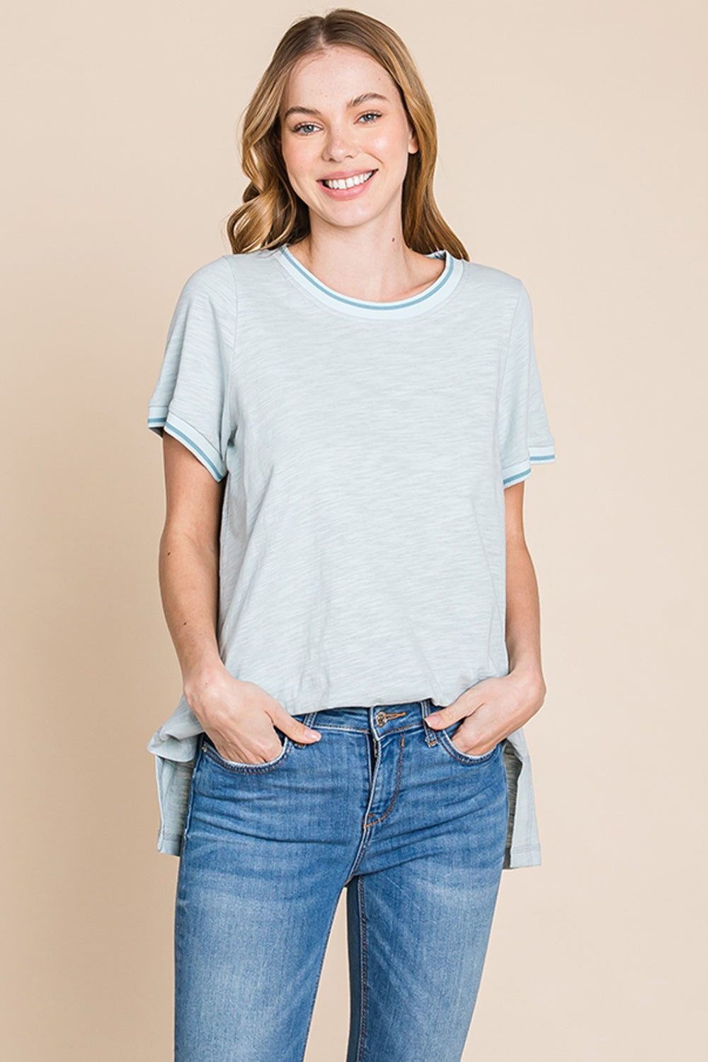 Blue Zone Planet | Cotton Bleu by Nu Lab Contrast Trim Short Sleeve Slit T-Shirt-TOPS / DRESSES-[Adult]-[Female]-2022 Online Blue Zone Planet