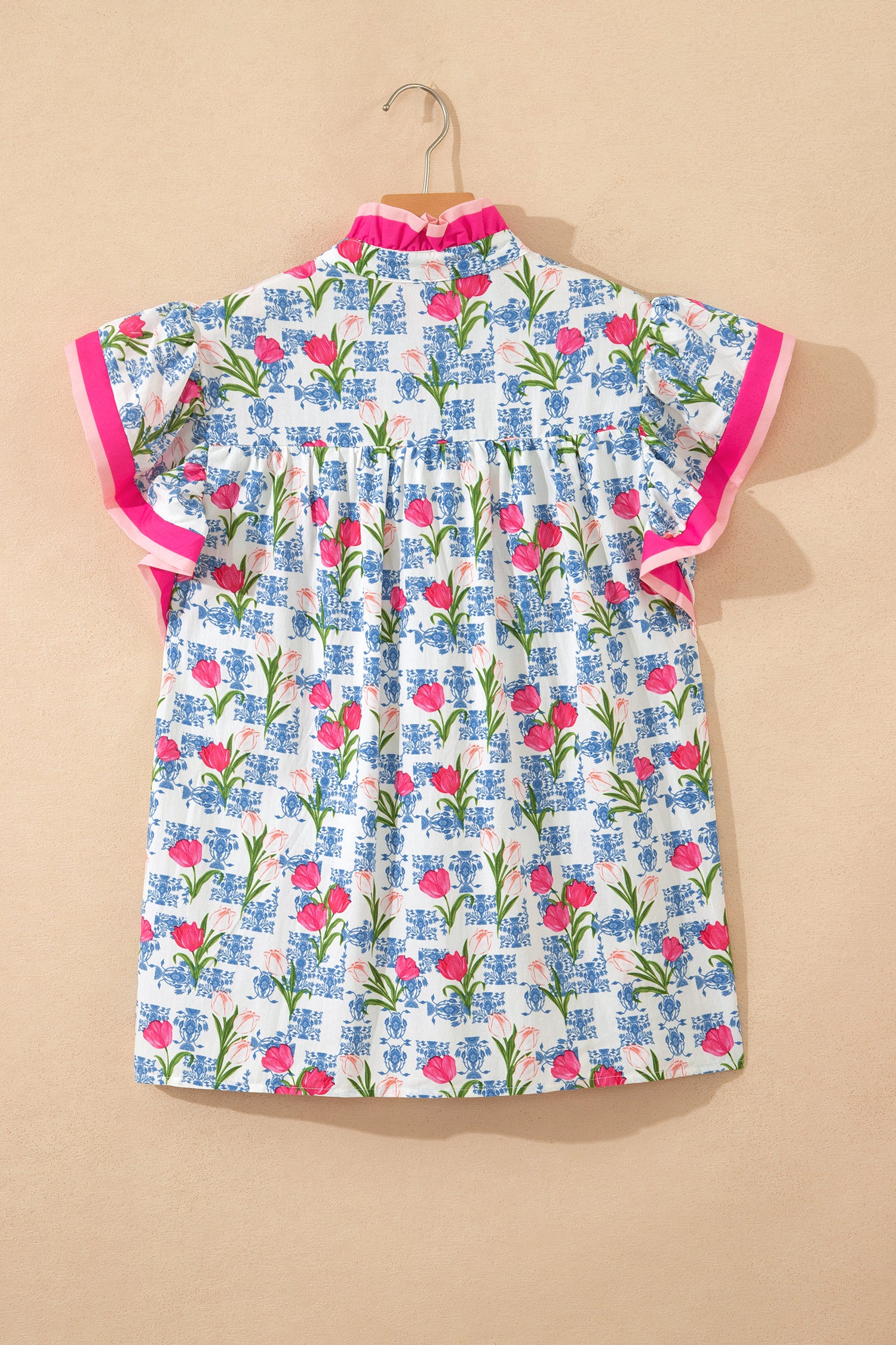 Rose Floral Print Color Block Striped Trim Flutter Sleeve Half Button Blouse-Tops/Blouses & Shirts-[Adult]-[Female]-2022 Online Blue Zone Planet