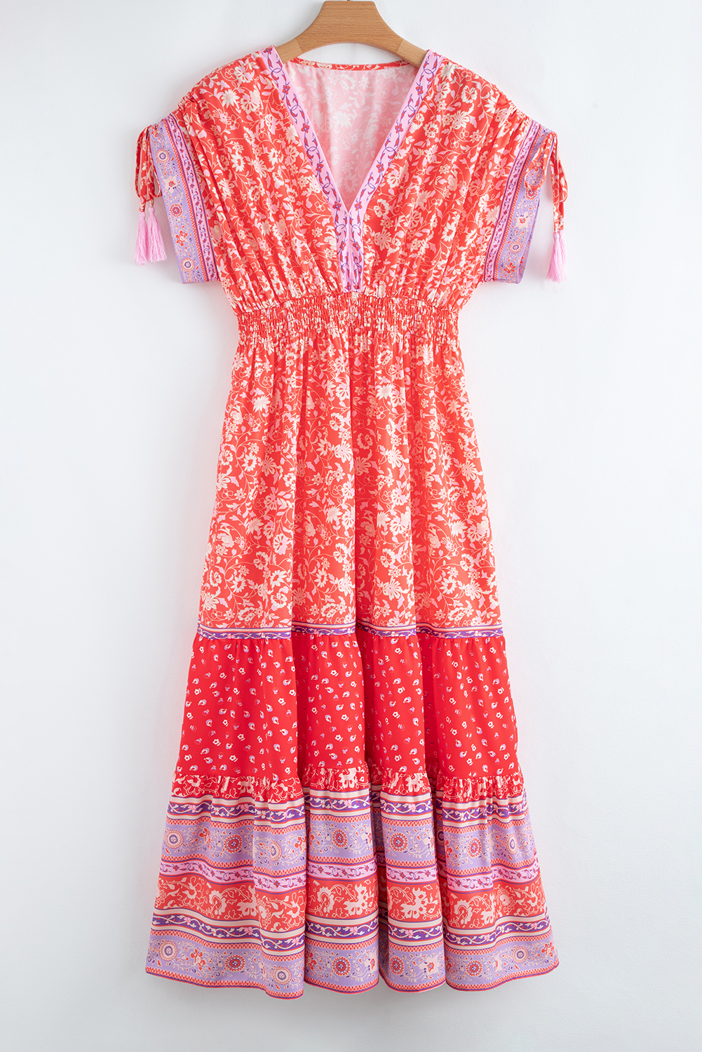 Red Floral Print Tasseled Tied Sleeve Empire Waist Maxi Dress - Sunny Angela Red / S Red Floral Print Tasseled Tied Sleeve Empire Waist Maxi Dress - Sunny Angela Red / S