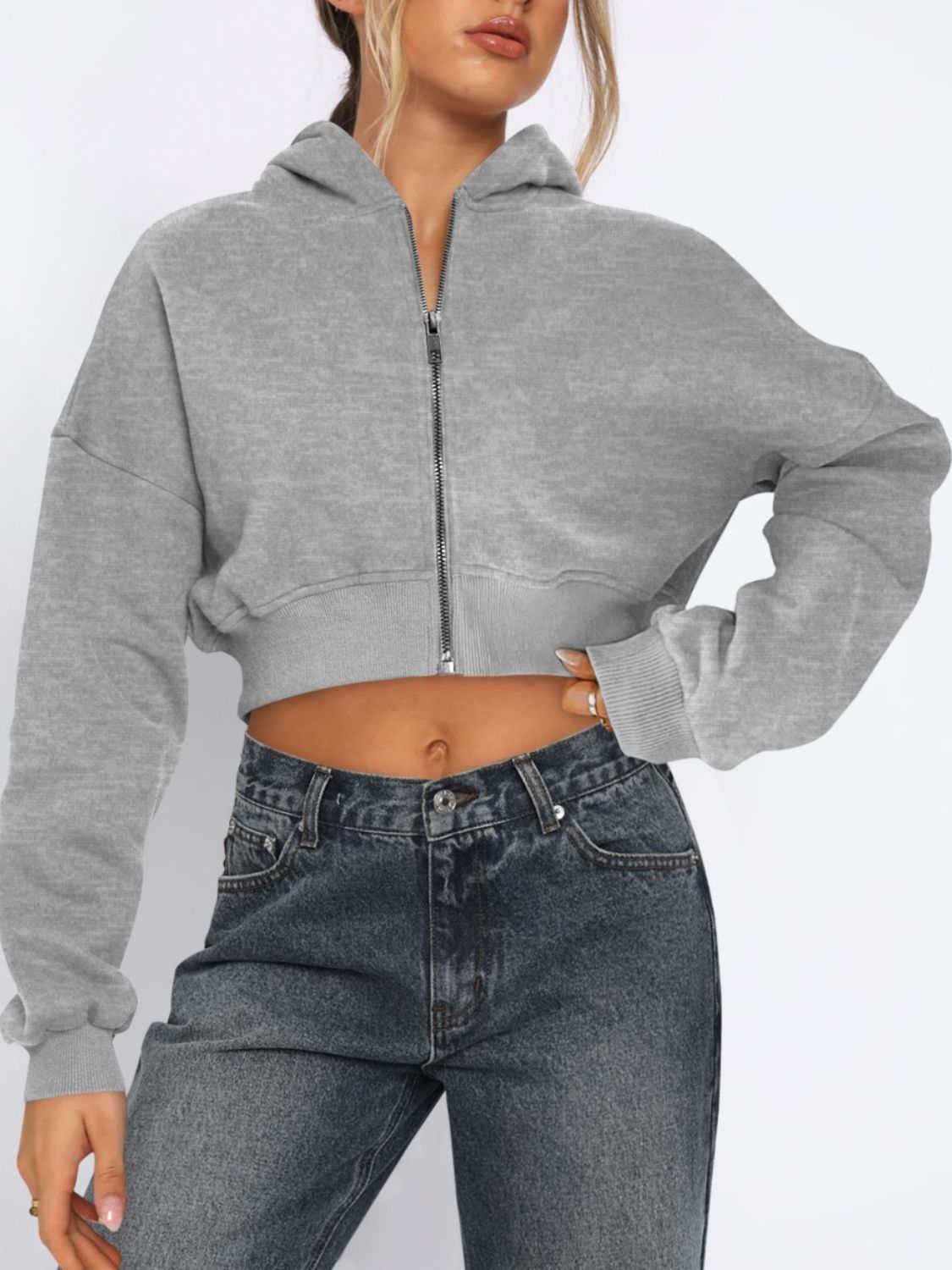 Zip Up Long Sleeve Hooded Cropped Jacket-TOPS / DRESSES-[Adult]-[Female]-Gray-S-2022 Online Blue Zone Planet