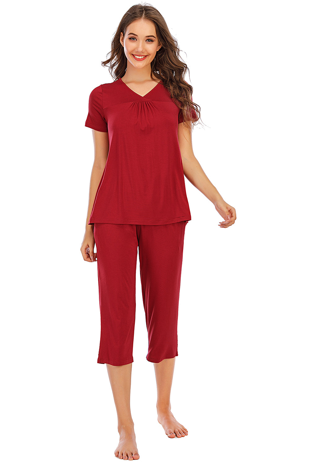 V-Neck Short Sleeve Top and Pants Lounge Set-TOPS / DRESSES-[Adult]-[Female]-2022 Online Blue Zone Planet