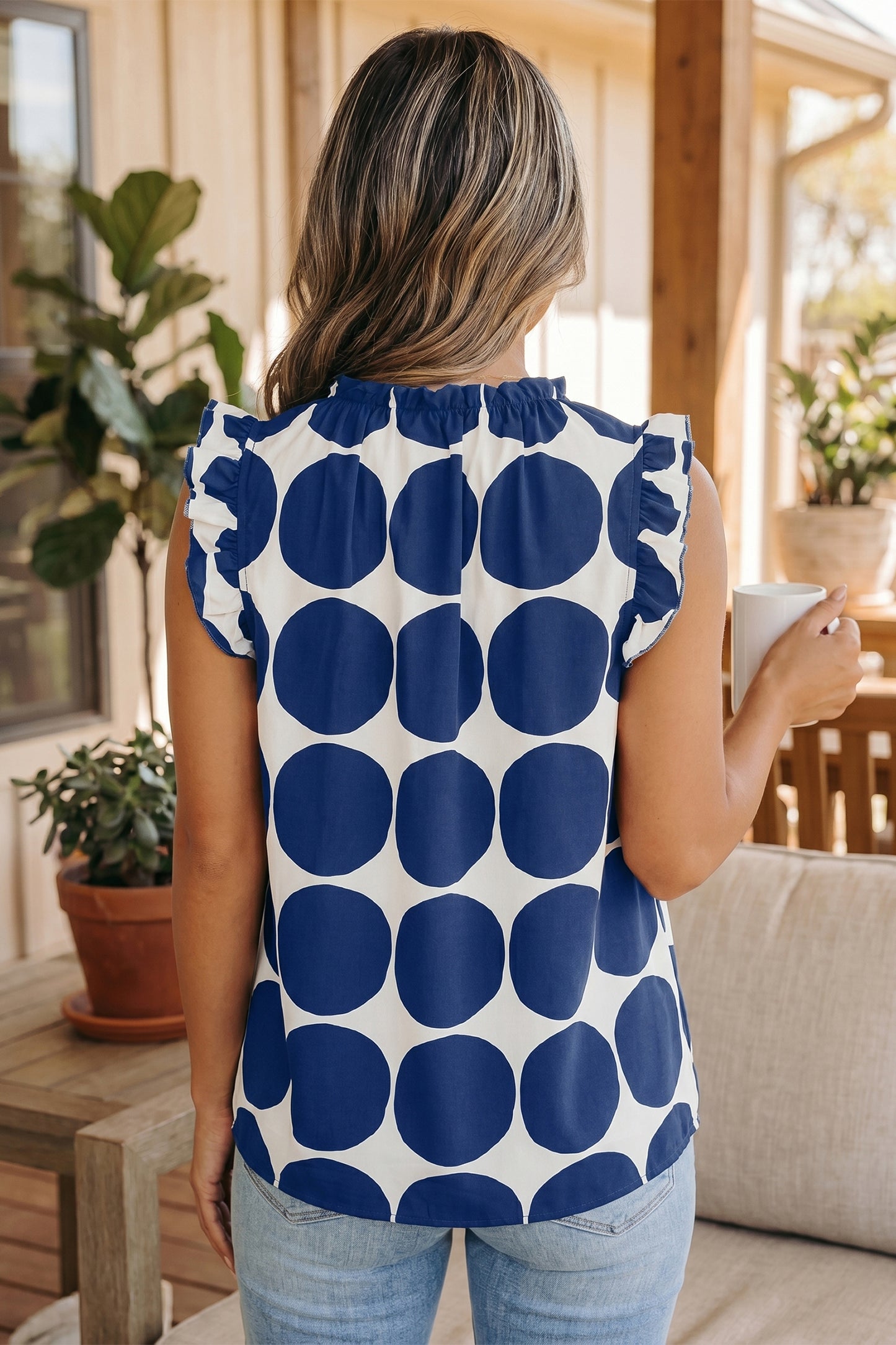Blue Polka Dot Print Frilled Round Neck Shift Tank Top-Tops/Tank Tops-[Adult]-[Female]-2022 Online Blue Zone Planet