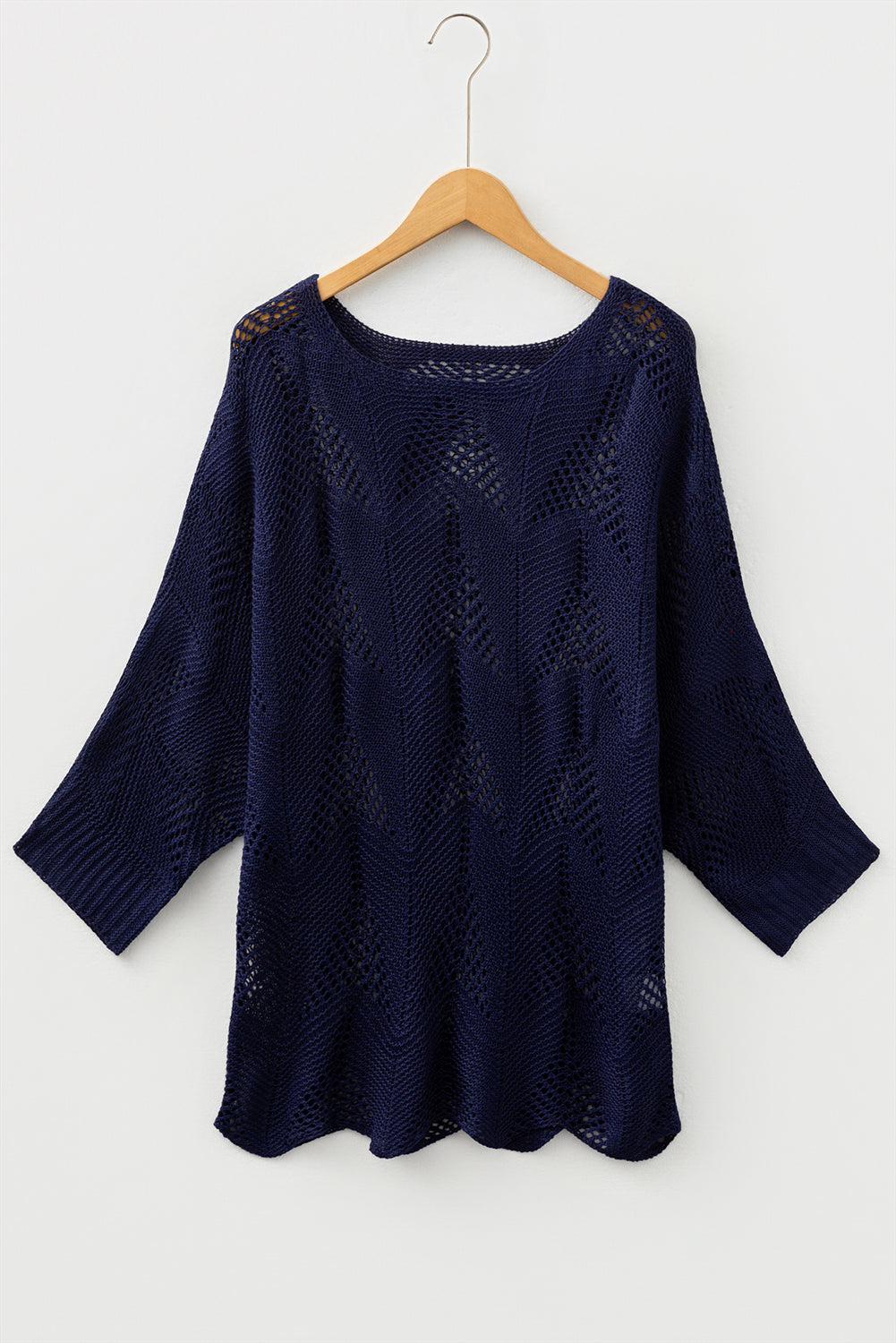 Navy Blue Hollow Out Knit 7/8 Sleeve Casual Sweater-Sweaters & Cardigans/Sweaters-[Adult]-[Female]-Navy Blue-S-2022 Online Blue Zone Planet