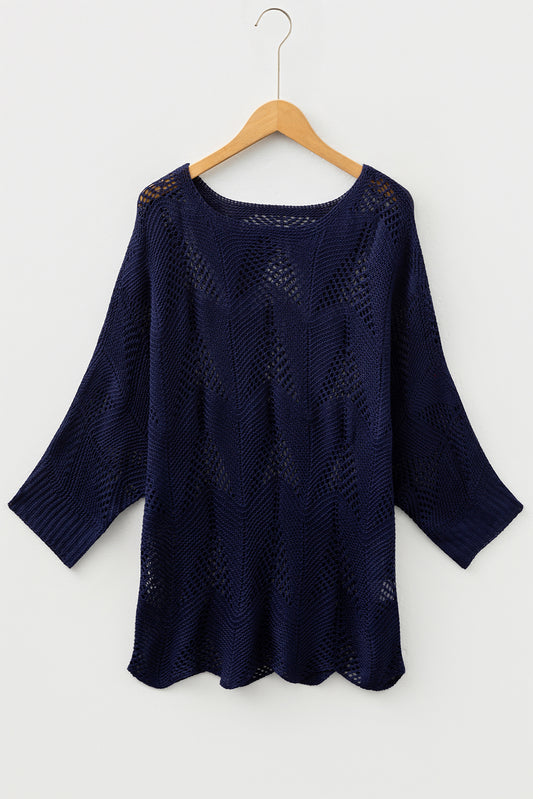 Navy Blue Hollow Out Knit 7/8 Sleeve Casual Sweater-Sweaters & Cardigans/Sweaters-[Adult]-[Female]-Navy Blue-S-2022 Online Blue Zone Planet