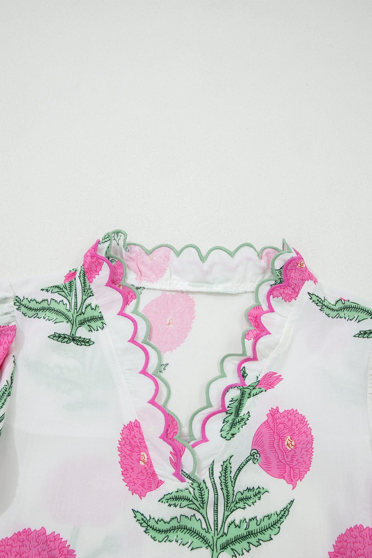 Pink Wild Flower Print Contrast Trim Scallop Detail Short Sleeve Blouse-Tops/Blouses & Shirts-[Adult]-[Female]-2022 Online Blue Zone Planet