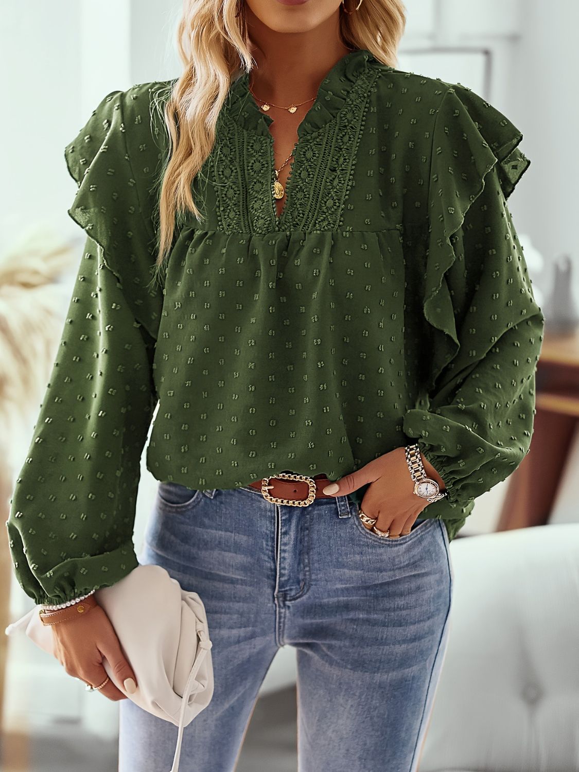 Ruffled Swiss Dot Notched Long Sleeve Blouse-TOPS / DRESSES-[Adult]-[Female]-Dark Green-S-2022 Online Blue Zone Planet