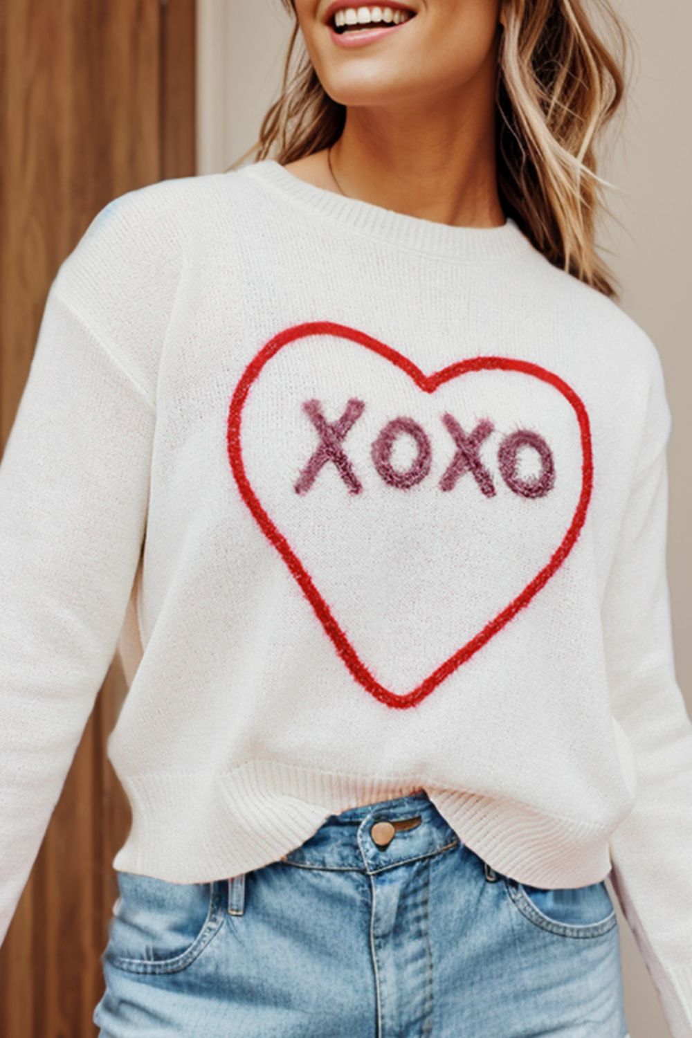 XOXO Round Neck Drop Shoulder Sweater-TOPS / DRESSES-[Adult]-[Female]-2022 Online Blue Zone Planet