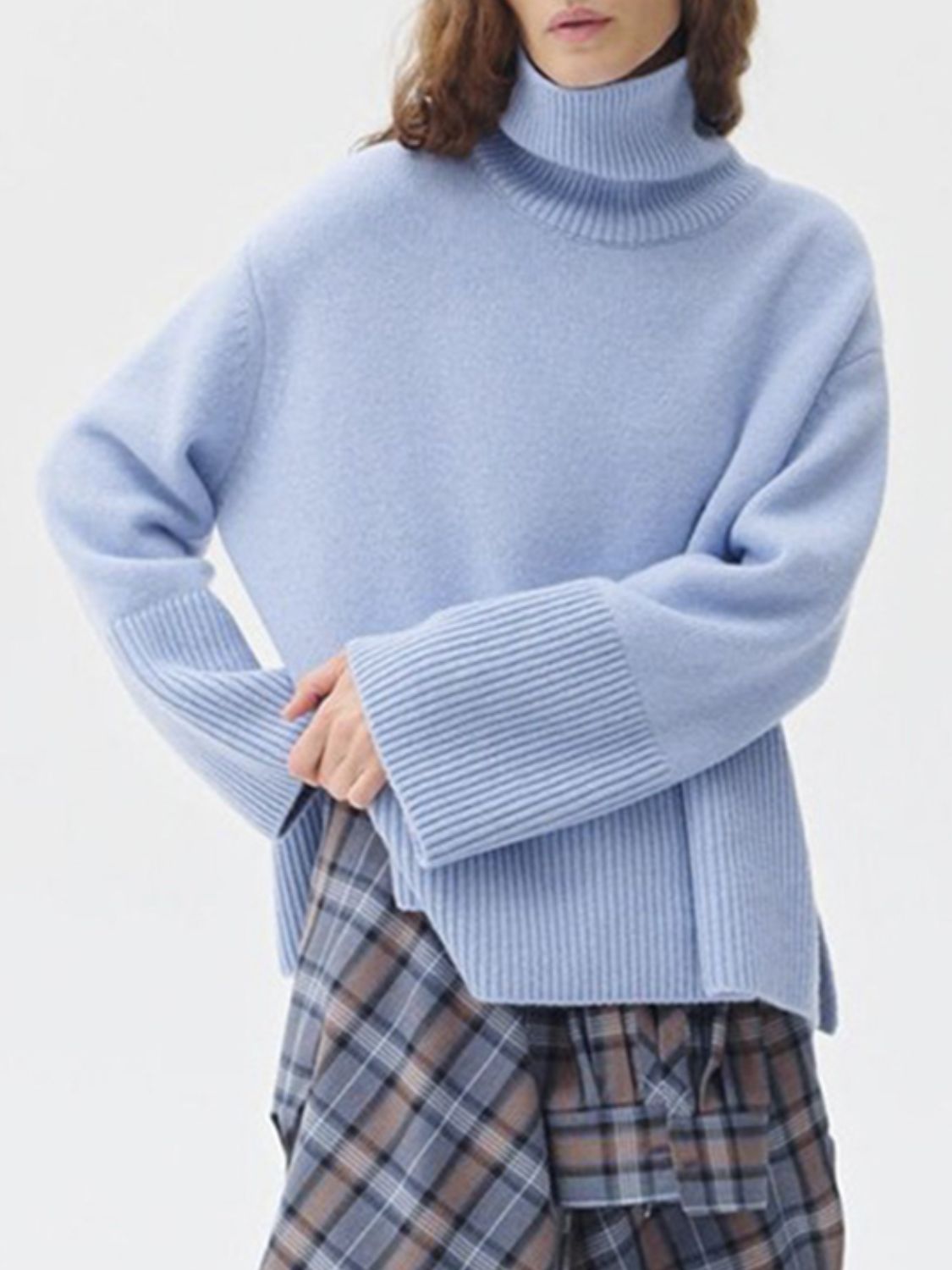 Side Slit Turtleneck Drop Shoulder Sweater-TOPS / DRESSES-[Adult]-[Female]-Light Blue-One Size-2022 Online Blue Zone Planet