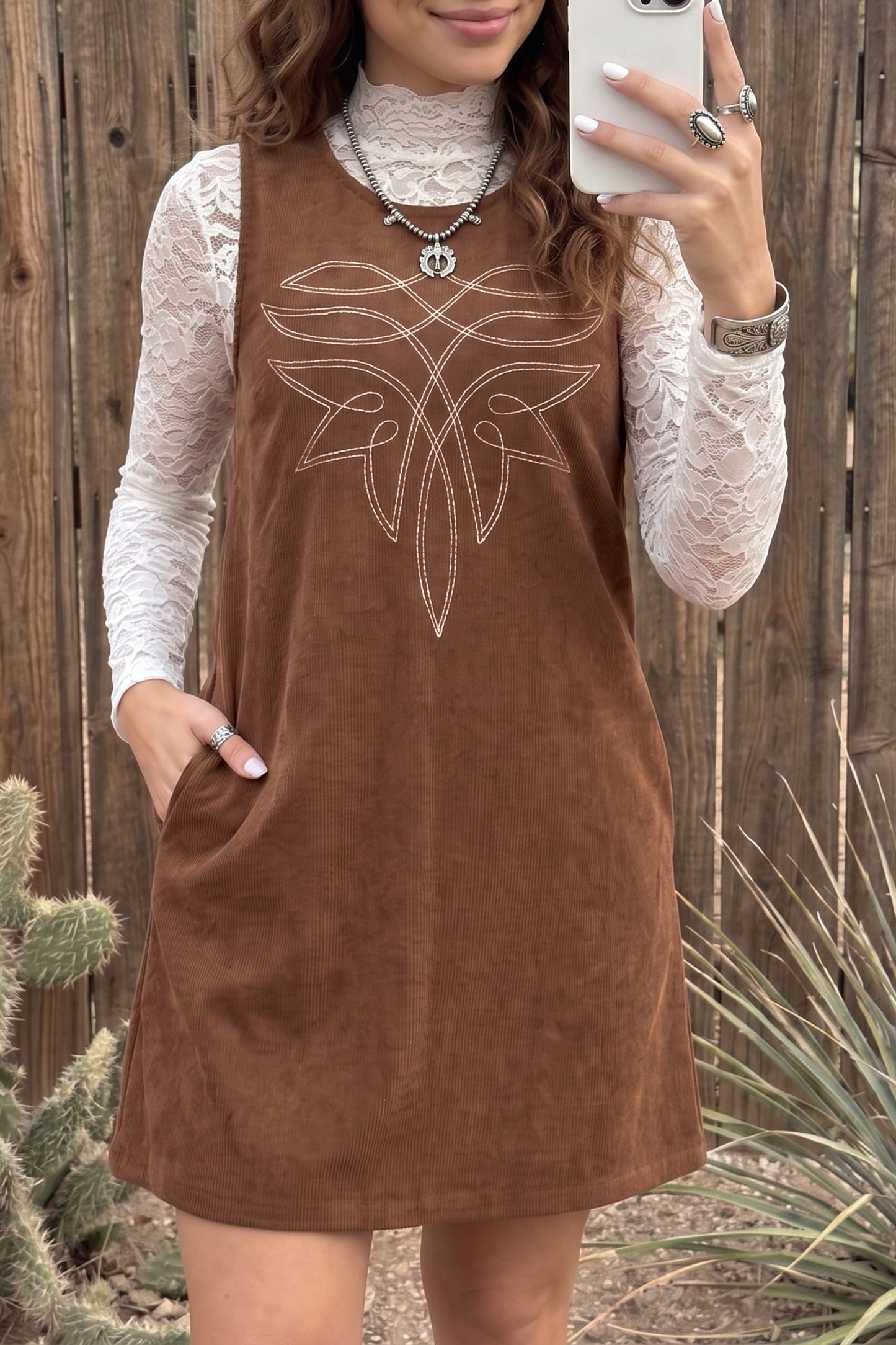 Coffee Geometric Embroidery Sleeveless Corduroy Shift Dress-TOPS / DRESSES-[Adult]-[Female]-2022 Online Blue Zone Planet