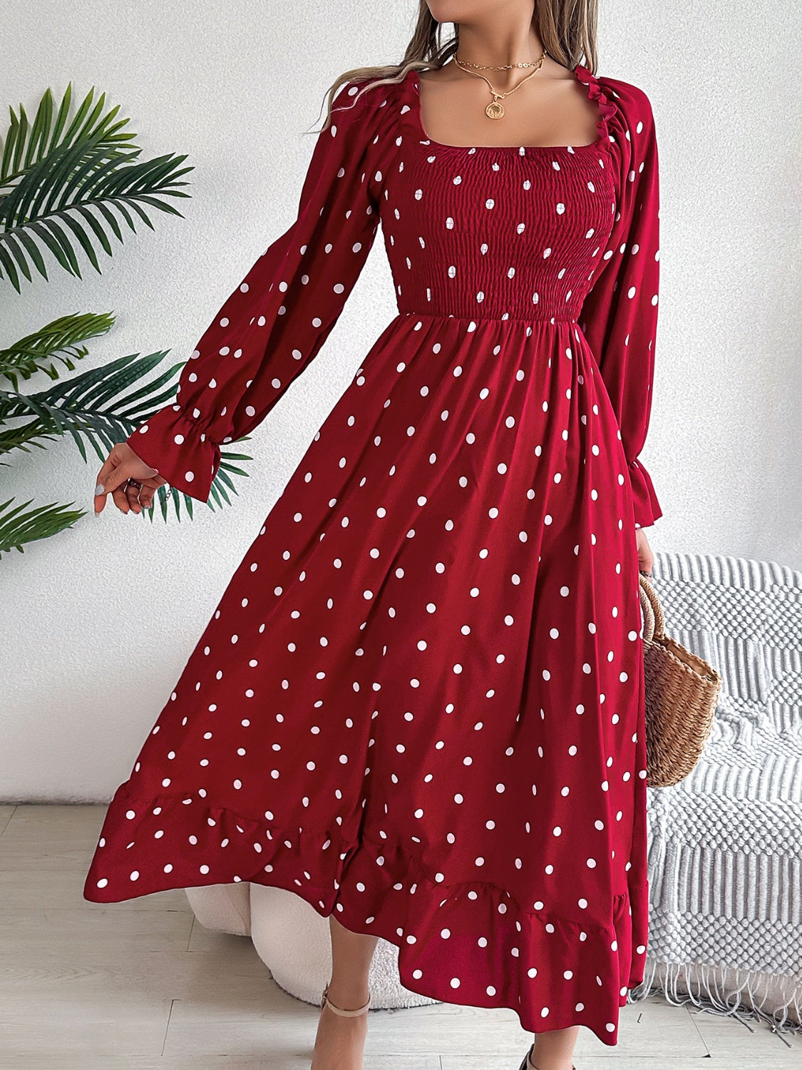 Polka Dot Flounce Sleeve Midi Dress-TOPS / DRESSES-[Adult]-[Female]-2022 Online Blue Zone Planet