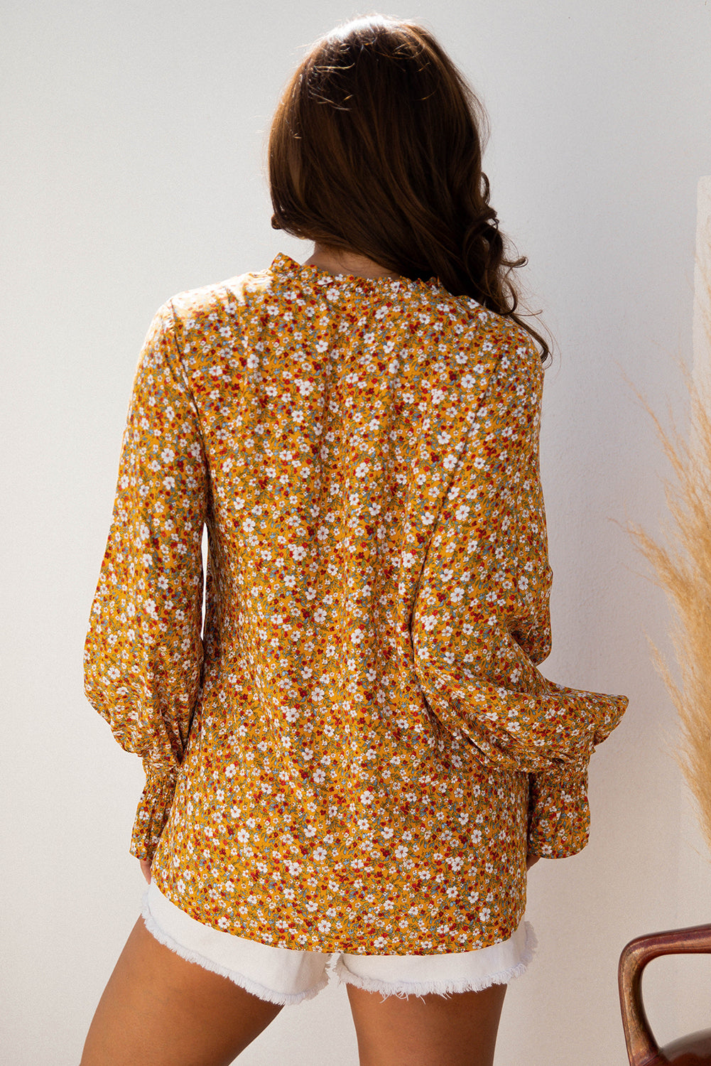 Orange Boho Floral Ruffled Bubble Sleeve V Neck Fall Blouse-Tops/Blouses & Shirts-[Adult]-[Female]-2022 Online Blue Zone Planet