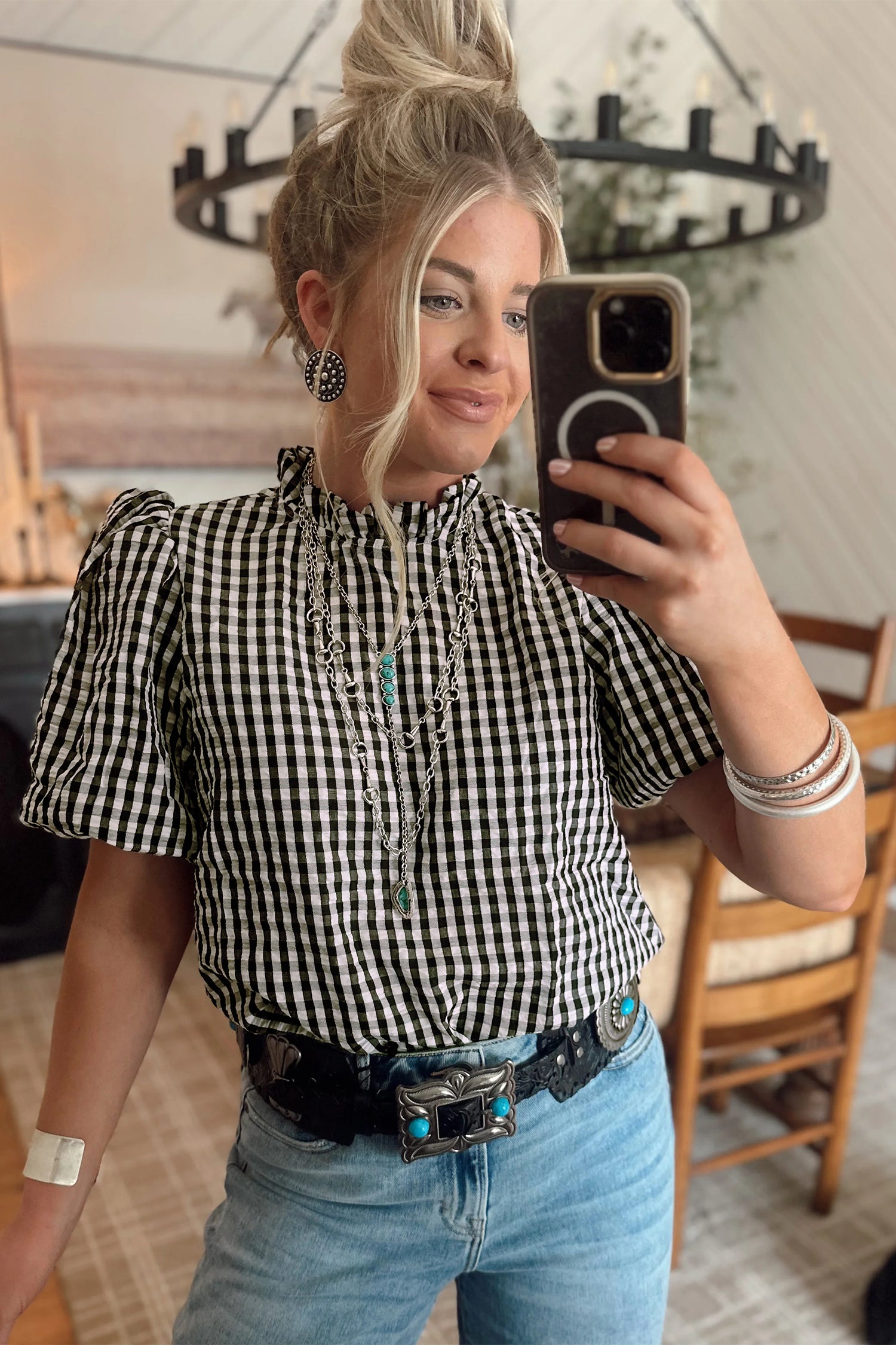 Black Plaid Short Puff Sleeve Frilled Neck Blouse-Tops/Blouses & Shirts-[Adult]-[Female]-2022 Online Blue Zone Planet