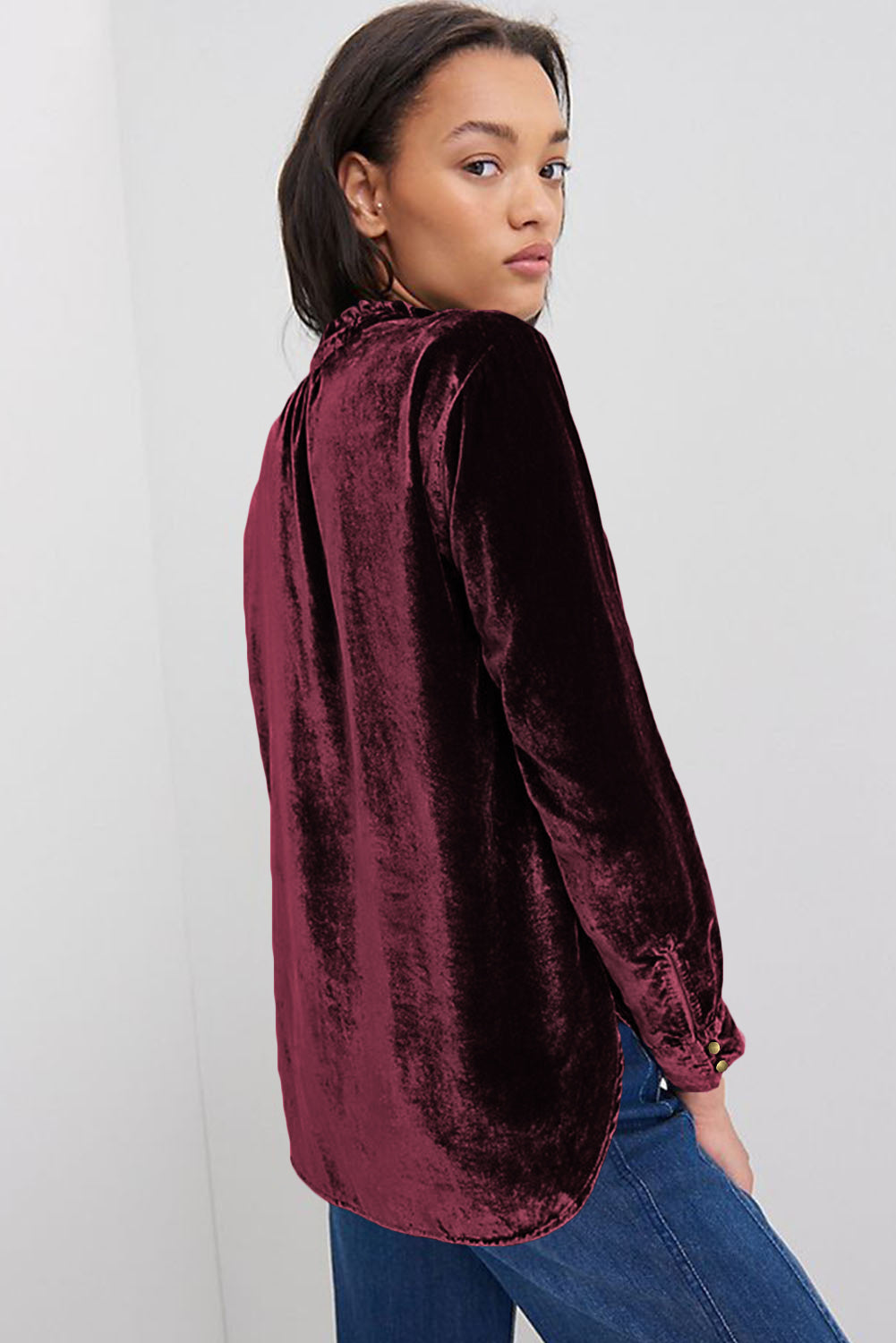 Burgundy Frilled Neck Buttoned Front Velvet Top-Tops/Blouses & Shirts-[Adult]-[Female]-2022 Online Blue Zone Planet