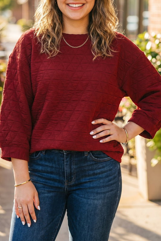 Racing Red Solid Round Neck Tunic Adjustable Cuffs Shift Plus Size Blouse-Plus Size/Plus Size Tops/Plus Size Blouses & Shirts-[Adult]-[Female]-Racing Red-1X-2022 Online Blue Zone Planet