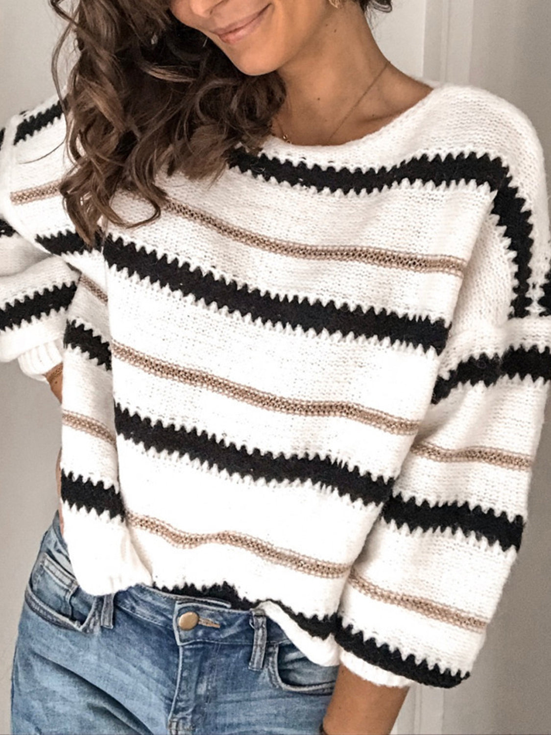 Contrast Striped Round Neck Long Sleeve Sweater-TOPS / DRESSES-[Adult]-[Female]-2022 Online Blue Zone Planet