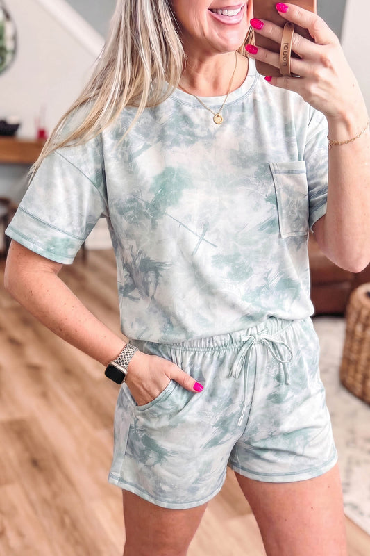 Green Casual Camouflage Short Sleeve Elastic Waist 2pcs Set-Two Piece Sets/Short Sets-[Adult]-[Female]-Green-S-2022 Online Blue Zone Planet