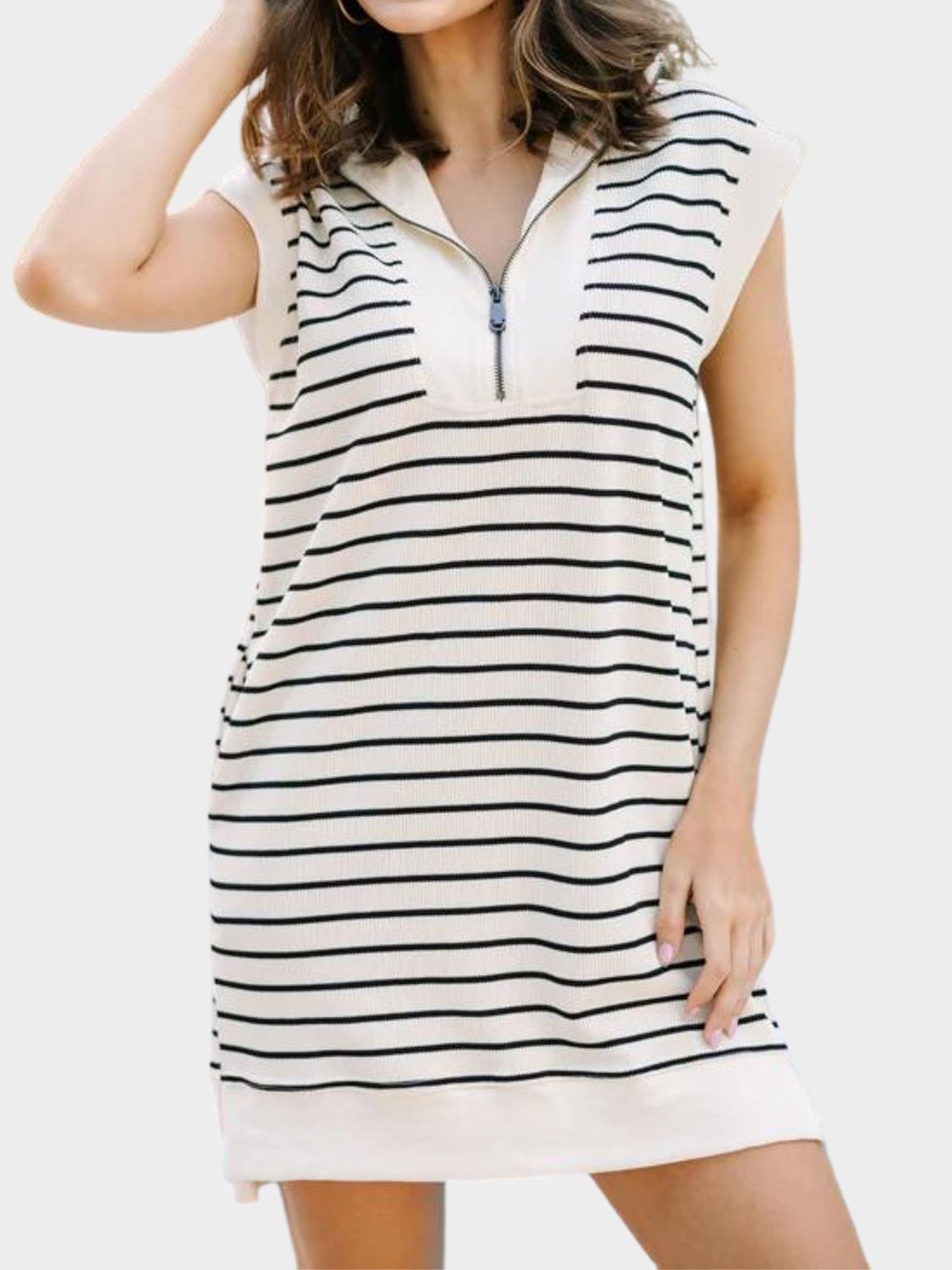 Blue Zone Planet | Full Size Pocketed Striped Quarter Zip Cap Sleeve Dress-TOPS / DRESSES-[Adult]-[Female]-2022 Online Blue Zone Planet