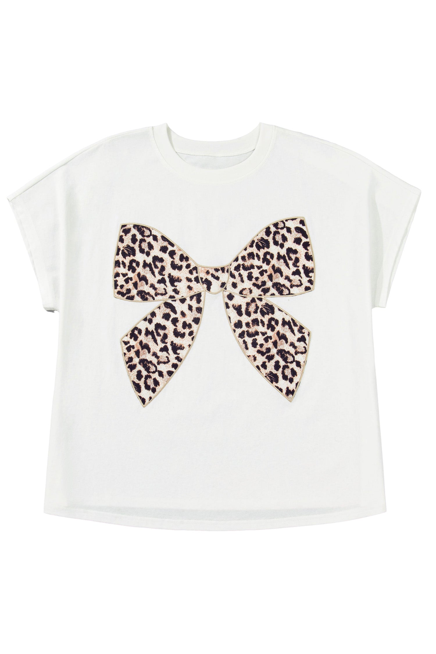 White Plus Size Leopard Bow Embroidered Patch Casual T Shirt-Plus Size/Plus Size Tops/Plus Size Tops & Tees-[Adult]-[Female]-2022 Online Blue Zone Planet