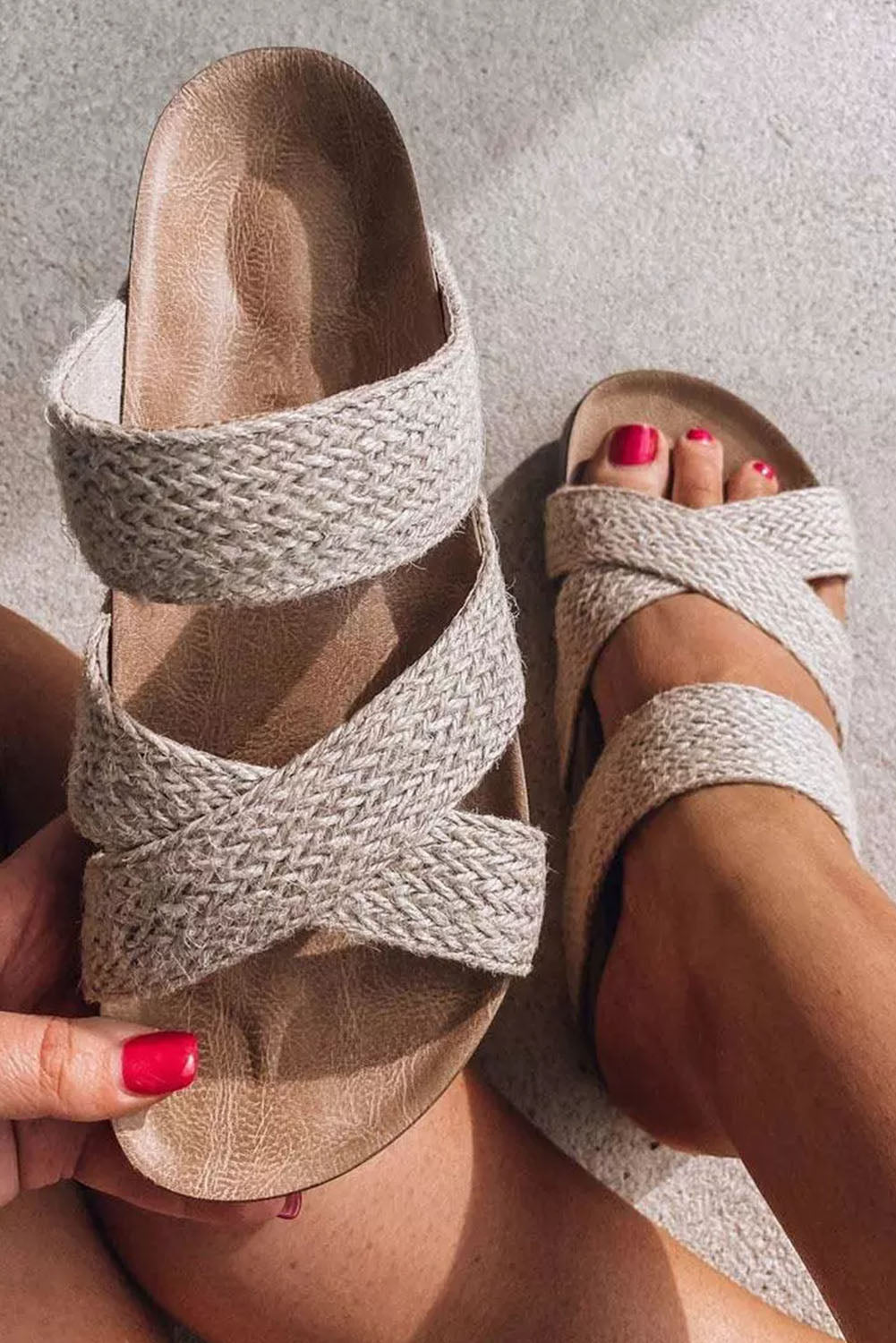 Beige Woven Cross Criss Hollowed Slip-On Slippers-Shoes & Bags/Slippers-[Adult]-[Female]-Beige-37-2022 Online Blue Zone Planet