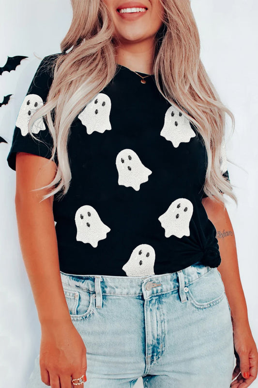 Black Sequin Halloween Ghost Patched Casual T Shirt-Graphic/Graphic Tees-[Adult]-[Female]-Black-S-2022 Online Blue Zone Planet