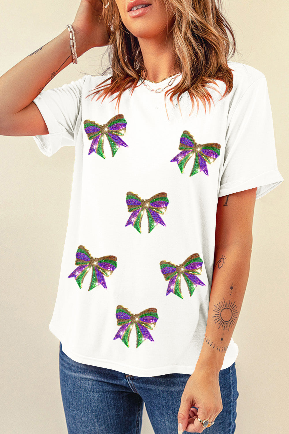 Black Sequin Mardi Gras Bow Graphic Crewneck Tee-Graphic Tees-[Adult]-[Female]-2022 Online Blue Zone Planet