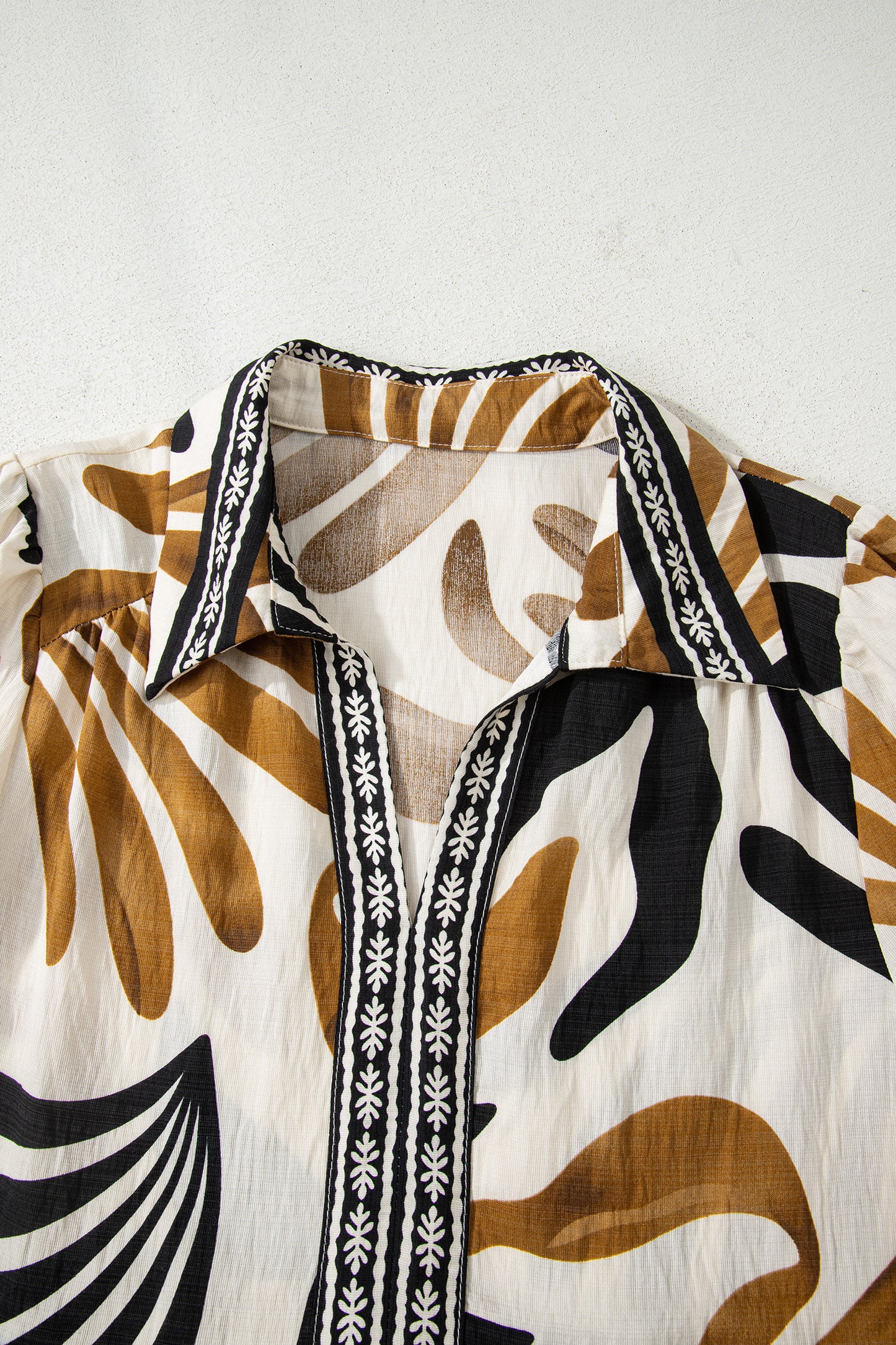 Brown Tropical Printed Contrast Trim Neck Long Sleeve Ruffle Hem Dress-TOPS / DRESSES-[Adult]-[Female]-2022 Online Blue Zone Planet