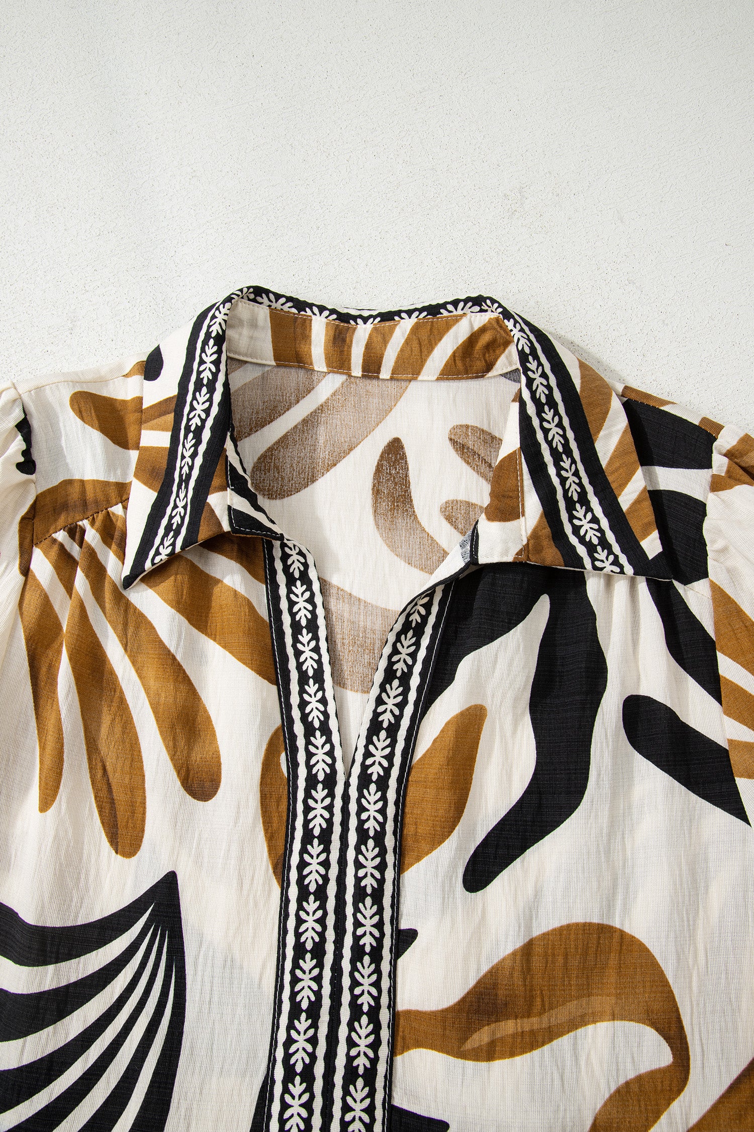 Brown Tropical Printed Contrast Trim Neck Long Sleeve Ruffle Hem Dress-TOPS / DRESSES-[Adult]-[Female]-2022 Online Blue Zone Planet