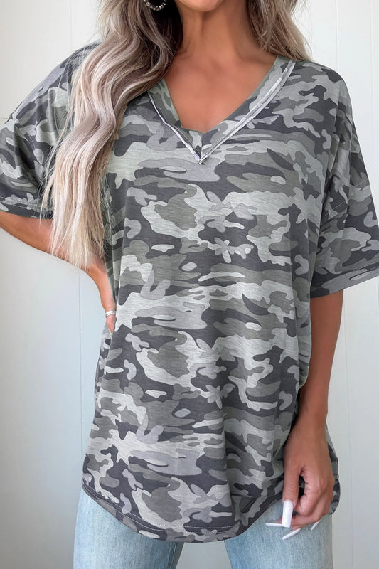 Green Retro Camouflage Print Raw Edge V Neck Tee-Tops/Tops & Tees-[Adult]-[Female]-Green-S-2022 Online Blue Zone Planet