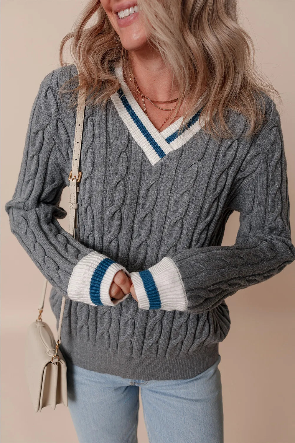 Blue Zone Planet | Cable-Knit V-Neck Long Sleeve Sweater-TOPS / DRESSES-[Adult]-[Female]-2022 Online Blue Zone Planet