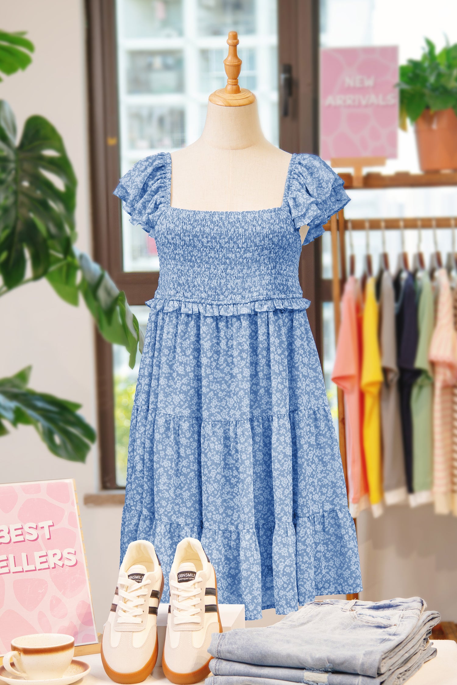 Sky Blue Floral Print Square Neck Flutter Sleeve Smocked Tiered Mini Dress-TOPS / DRESSES-[Adult]-[Female]-2022 Online Blue Zone Planet