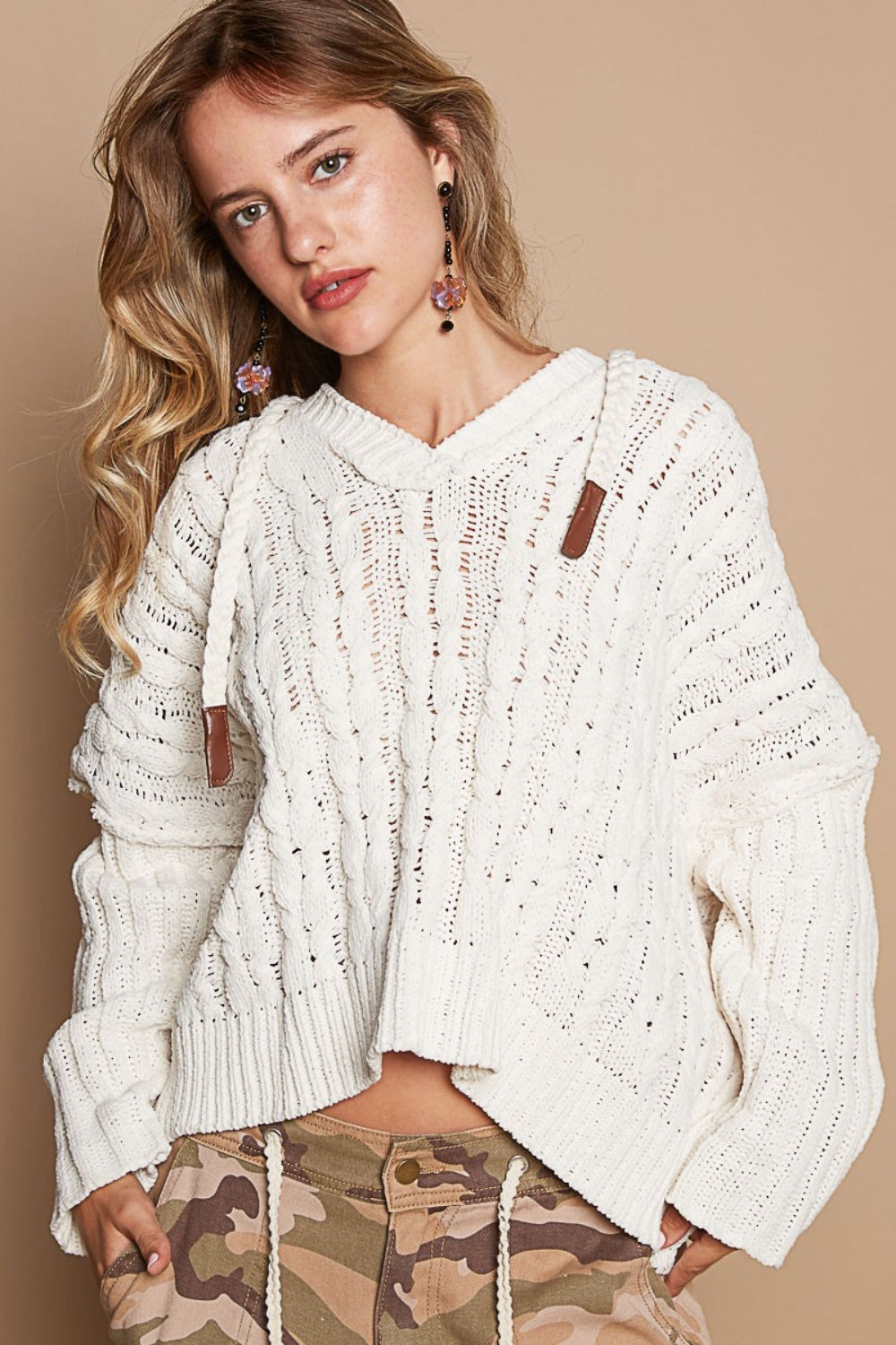 POL Rib Weave Sleeves Hooded Cable Knit Sweater-TOPS / DRESSES-[Adult]-[Female]-Cream-S-2022 Online Blue Zone Planet